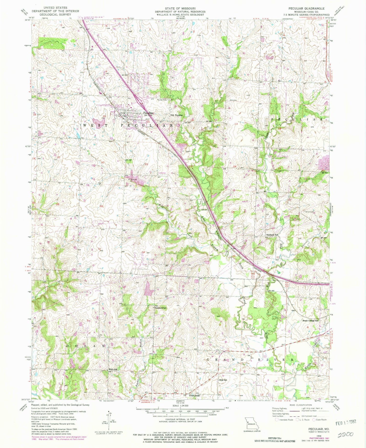 Classic USGS Peculiar Missouri 7.5'x7.5' Topo Map Image