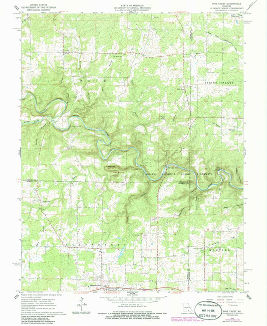 Classic USGS Pine Crest Missouri 7.5'x7.5' Topo Map Image