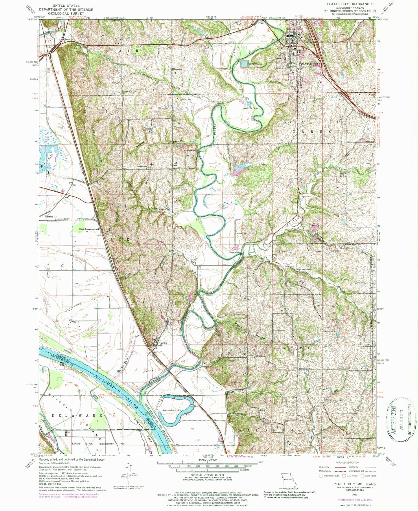 Classic USGS Platte City Missouri 7.5'x7.5' Topo Map Image