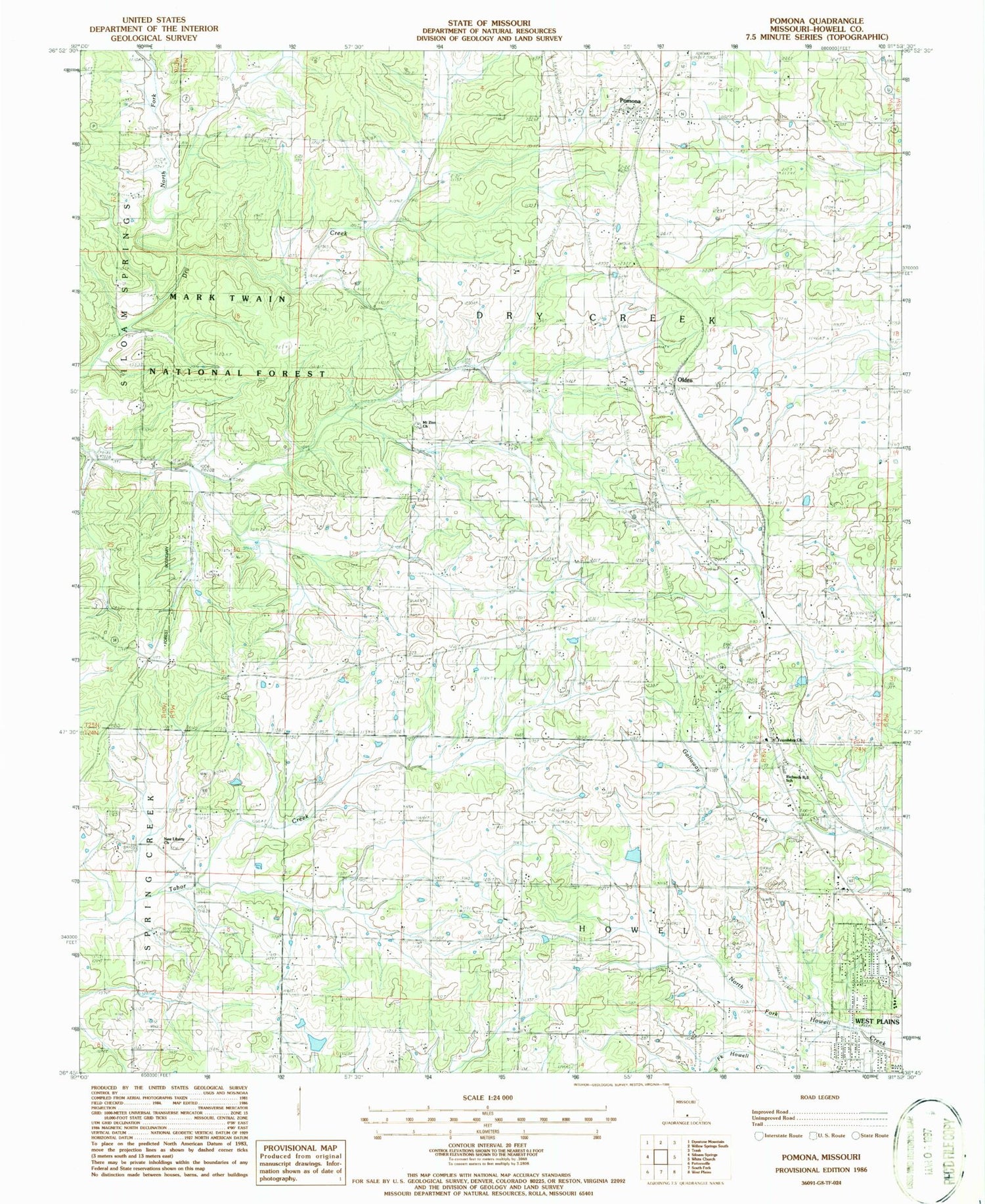 Classic USGS Pomona Missouri 7.5'x7.5' Topo Map Image