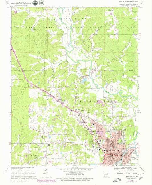 Classic USGS Poplar Bluff Missouri 7.5'x7.5' Topo Map Image