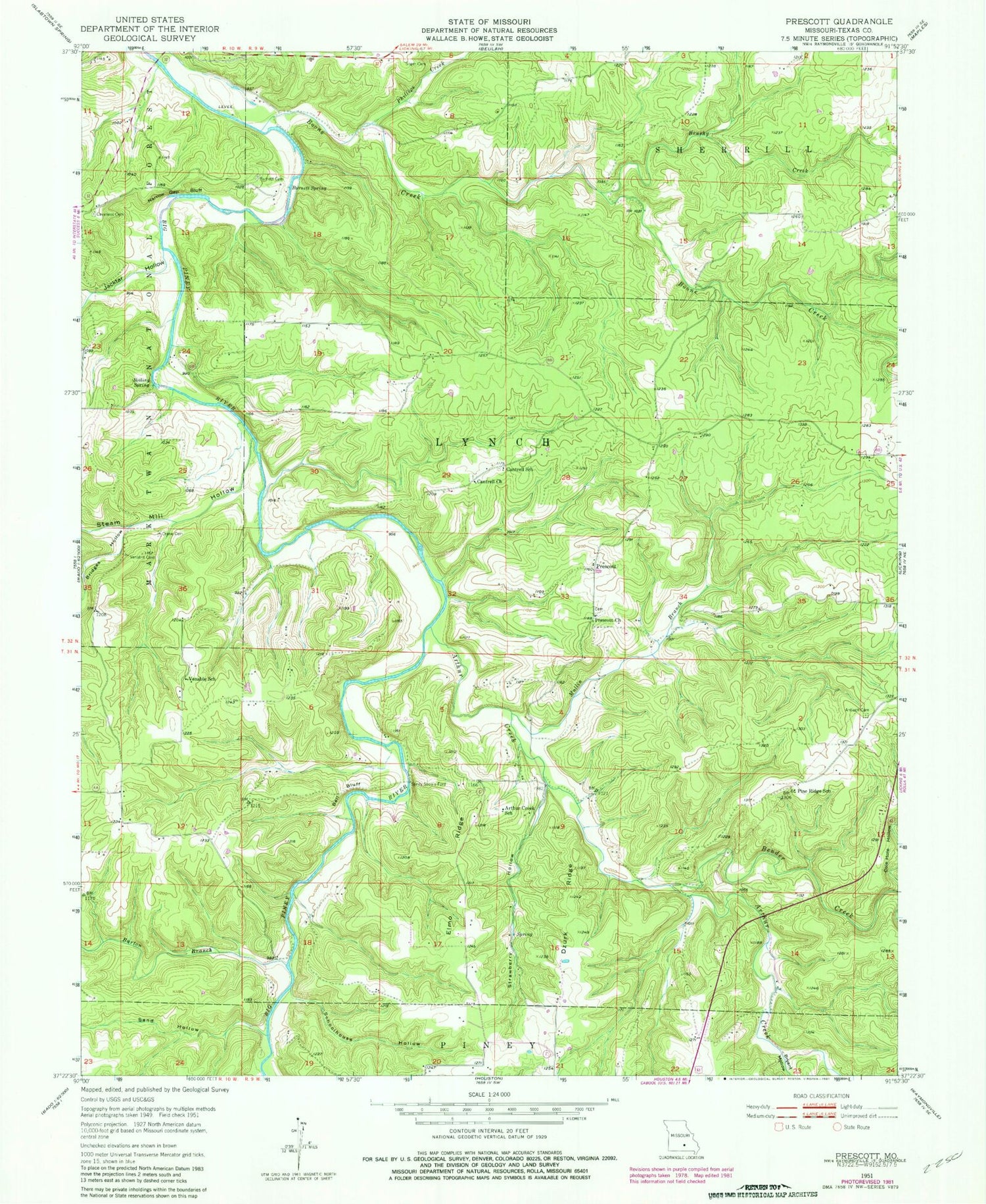 Classic USGS Prescott Missouri 7.5'x7.5' Topo Map Image