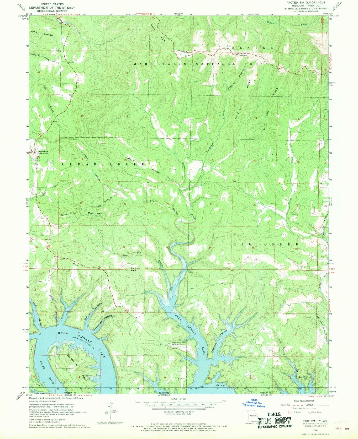 Classic USGS Protem SW Missouri 7.5'x7.5' Topo Map Image