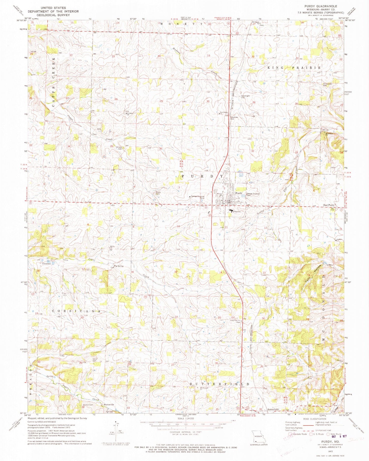 Classic USGS Purdy Missouri 7.5'x7.5' Topo Map Image