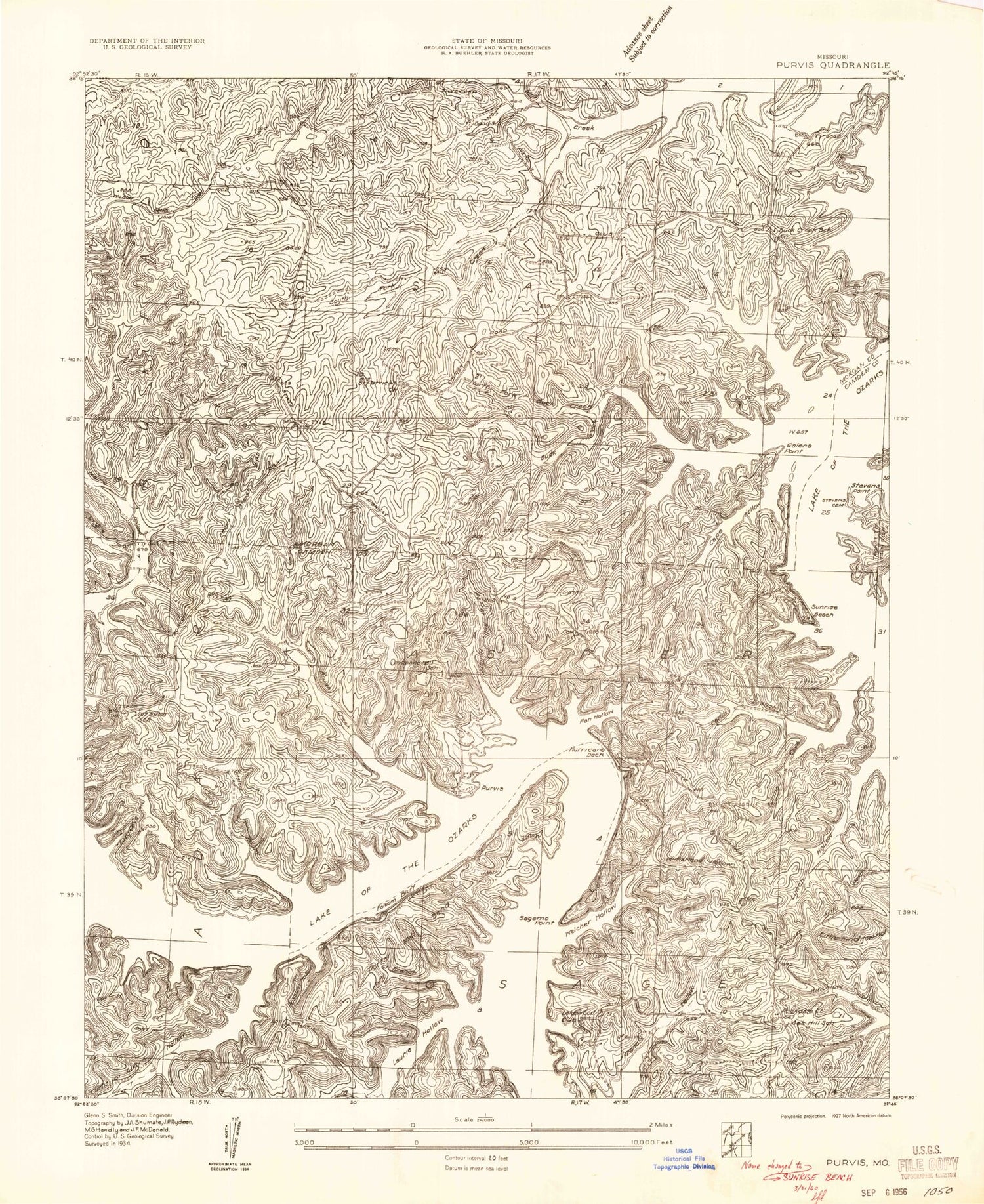 Classic USGS Sunrise Beach Missouri 7.5'x7.5' Topo Map Image
