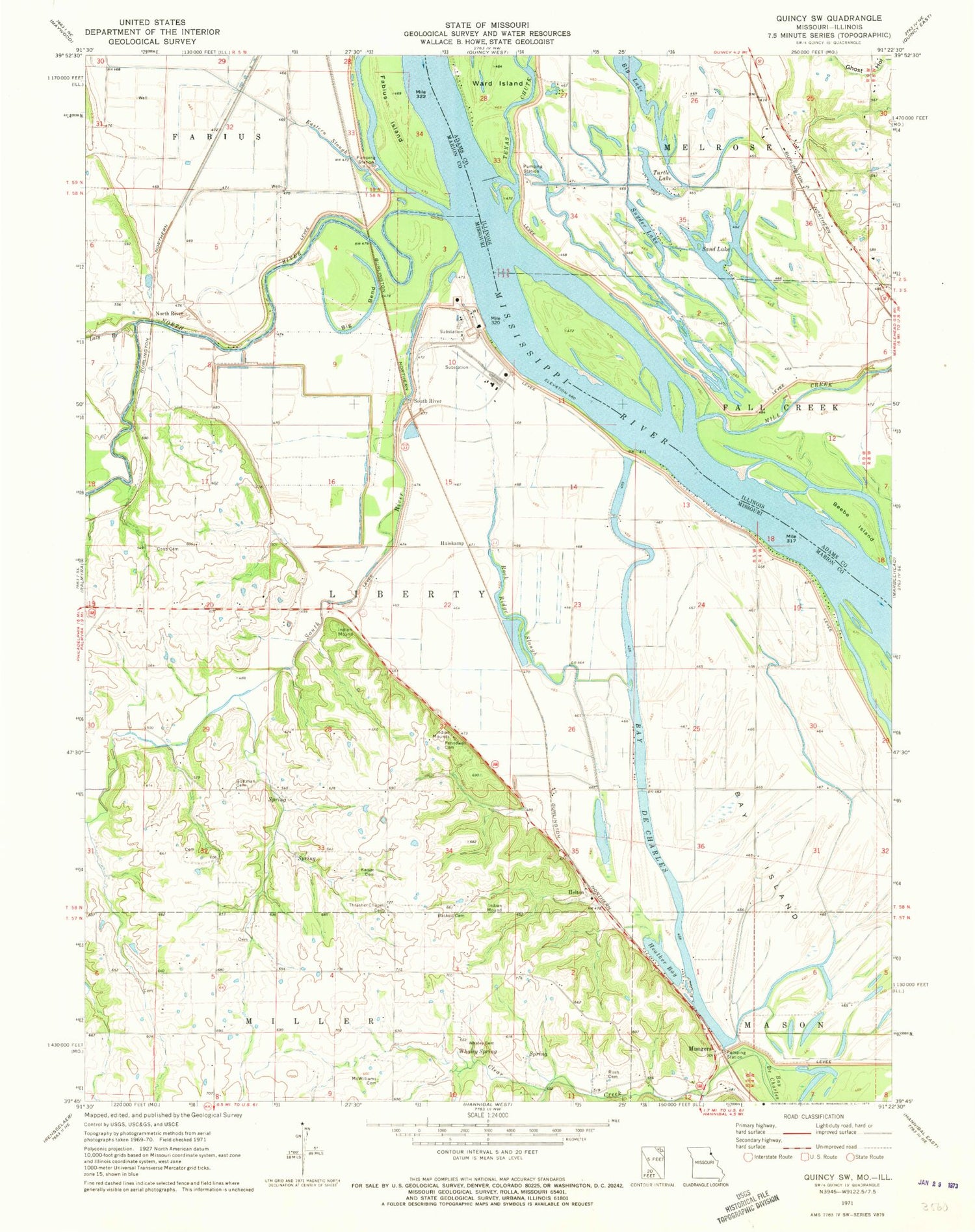 Classic USGS Quincy SW Missouri 7.5'x7.5' Topo Map Image