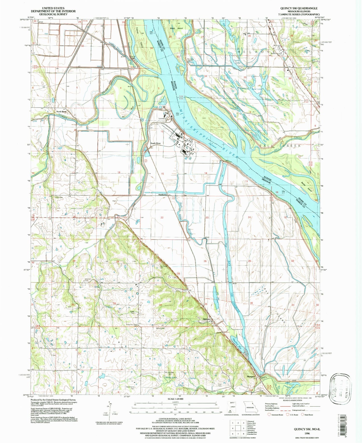 Classic USGS Quincy SW Missouri 7.5'x7.5' Topo Map Image