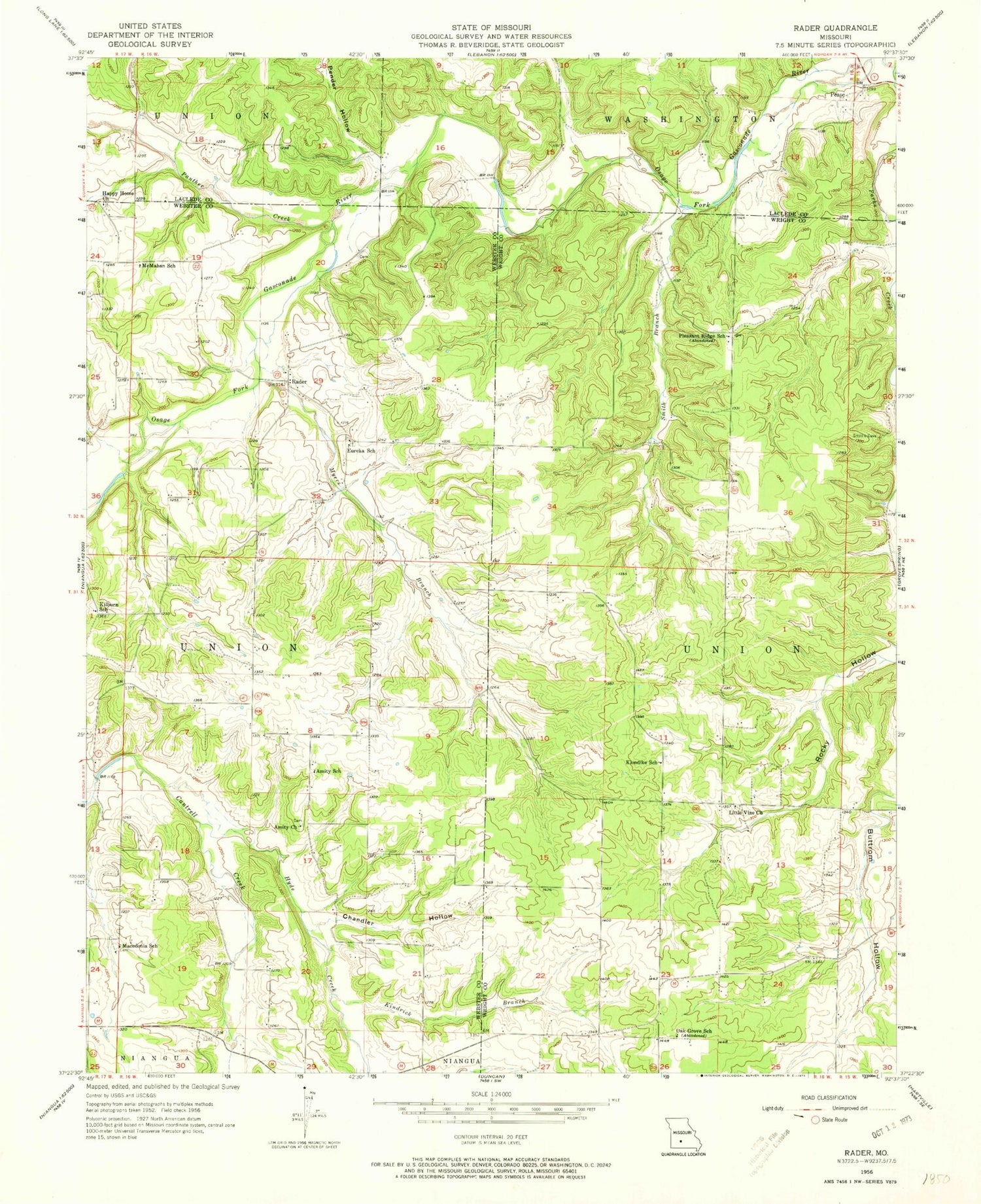 Classic USGS Rader Missouri 7.5'x7.5' Topo Map Image