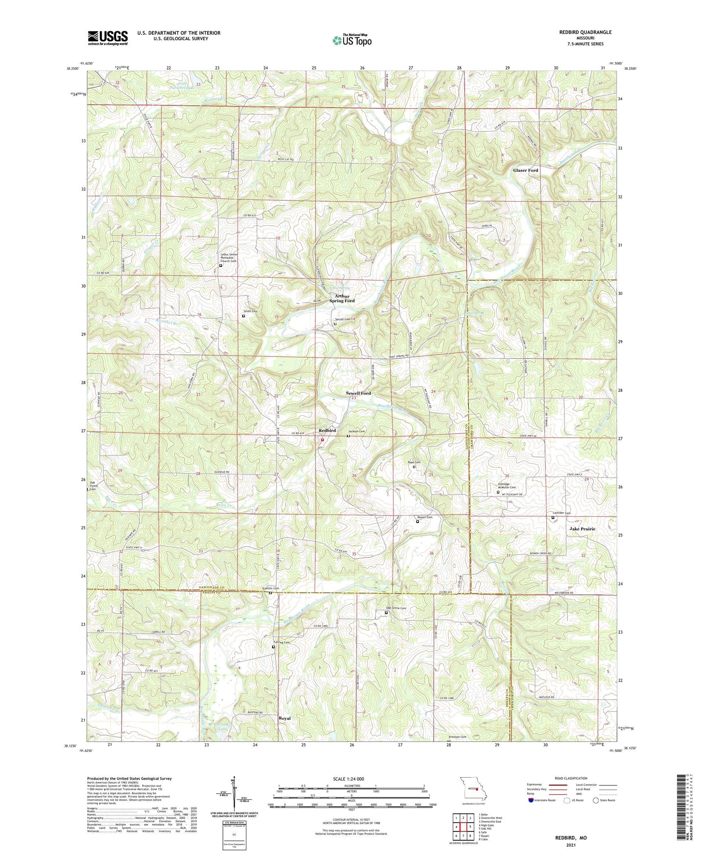 Redbird Missouri US Topo Map Image