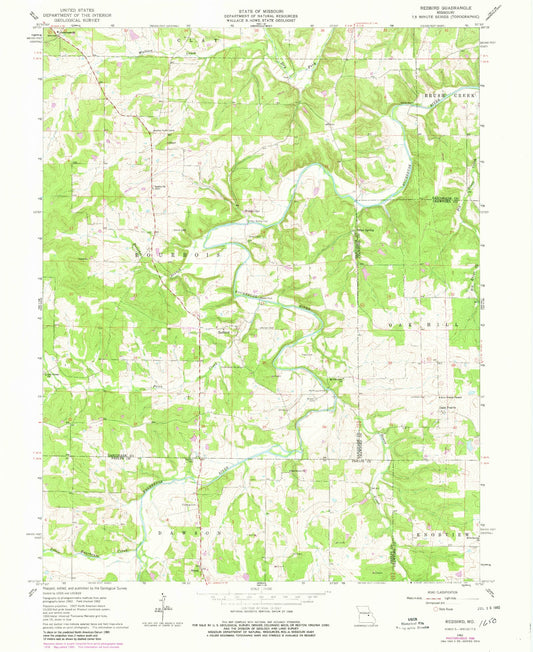 Classic USGS Redbird Missouri 7.5'x7.5' Topo Map Image