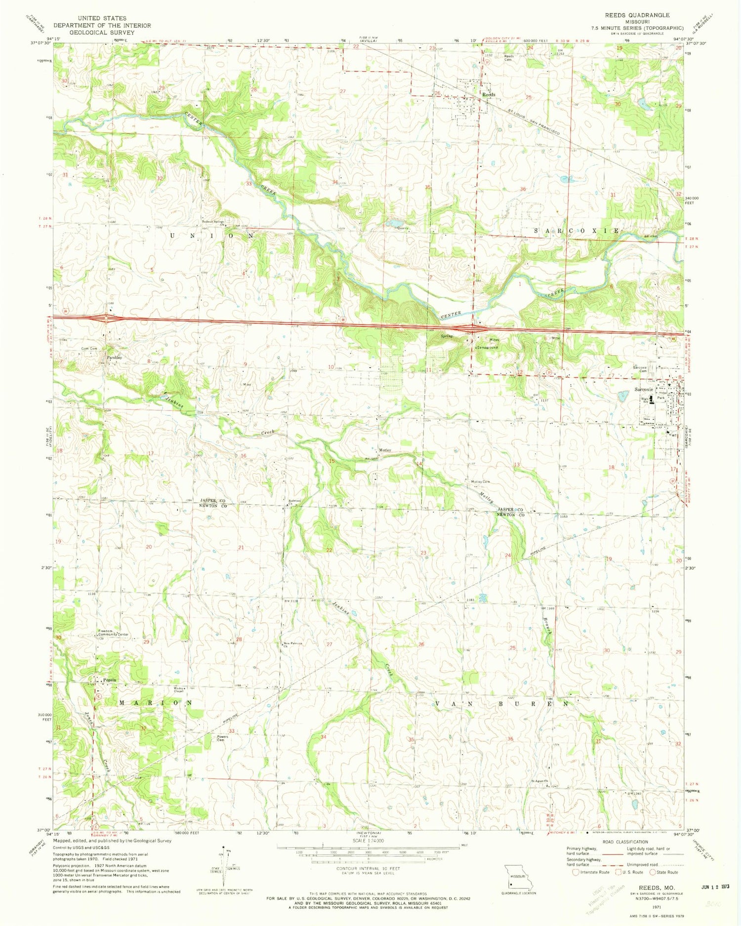 Classic USGS Reeds Missouri 7.5'x7.5' Topo Map Image