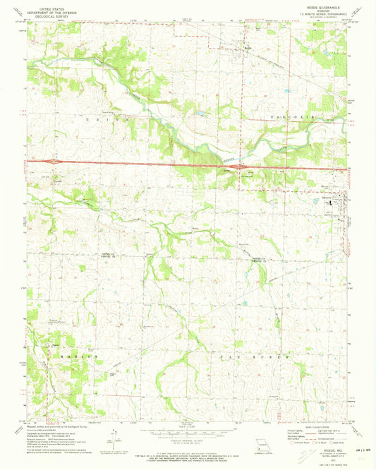 Classic USGS Reeds Missouri 7.5'x7.5' Topo Map Image
