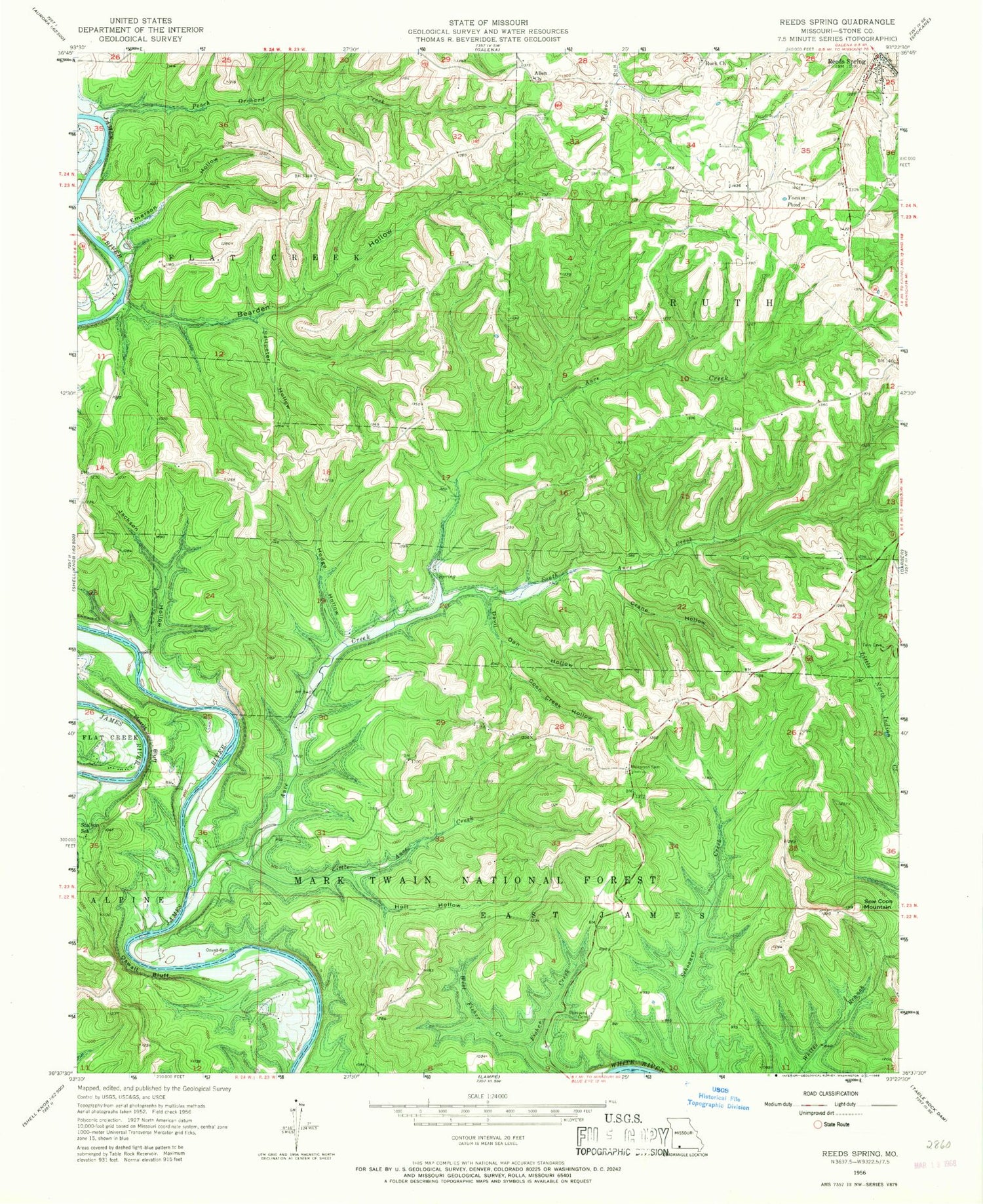 Classic USGS Reeds Spring Missouri 7.5'x7.5' Topo Map Image