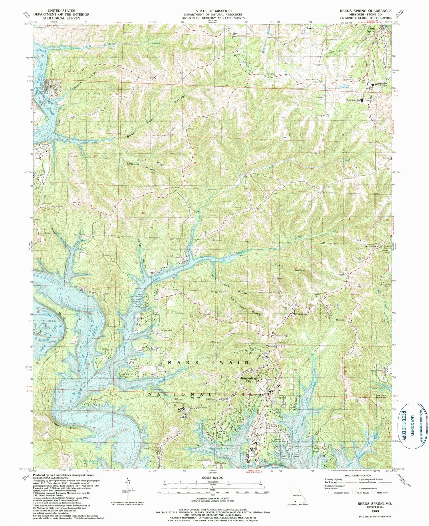 Classic USGS Reeds Spring Missouri 7.5'x7.5' Topo Map Image