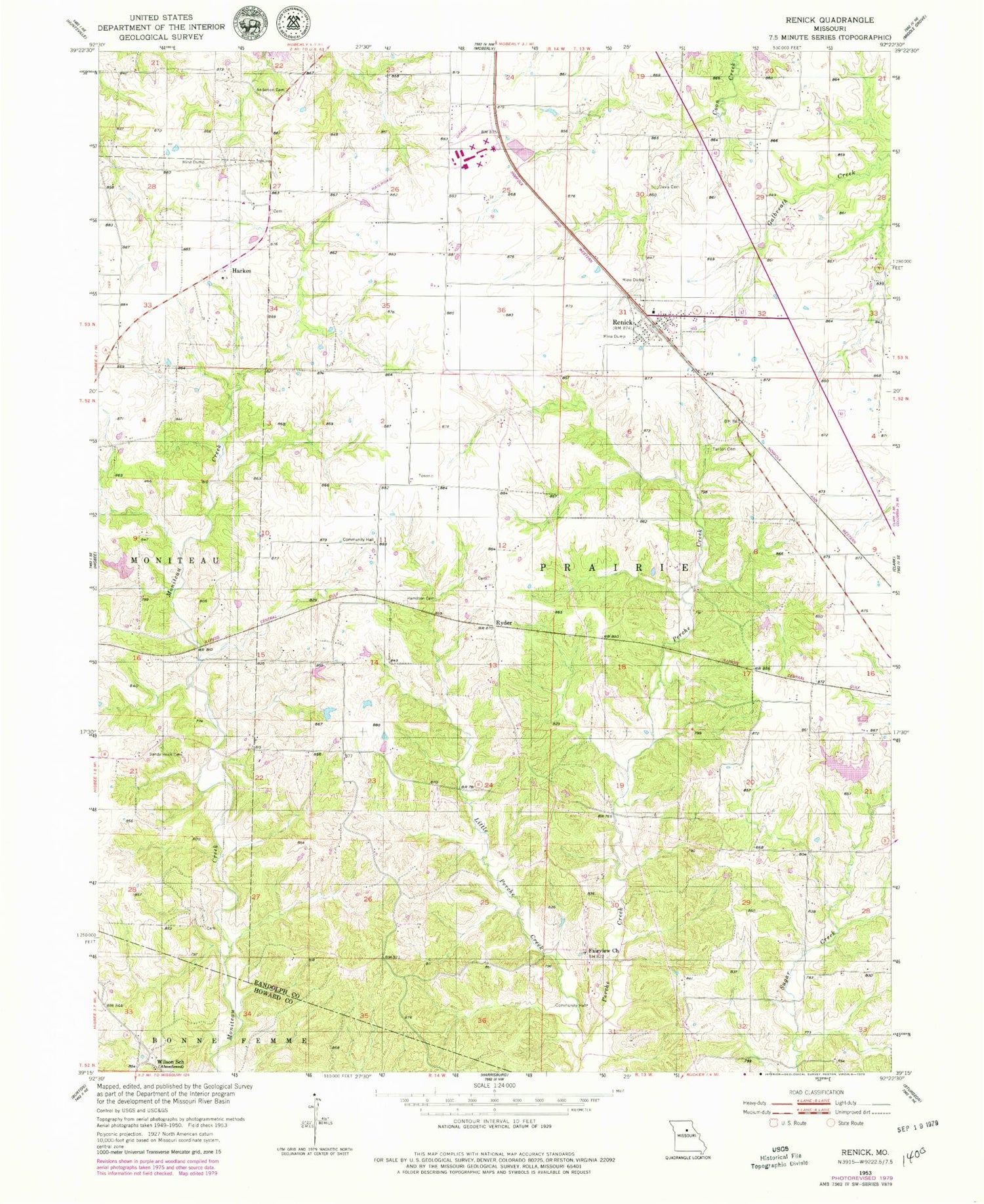 Classic USGS Renick Missouri 7.5'x7.5' Topo Map Image