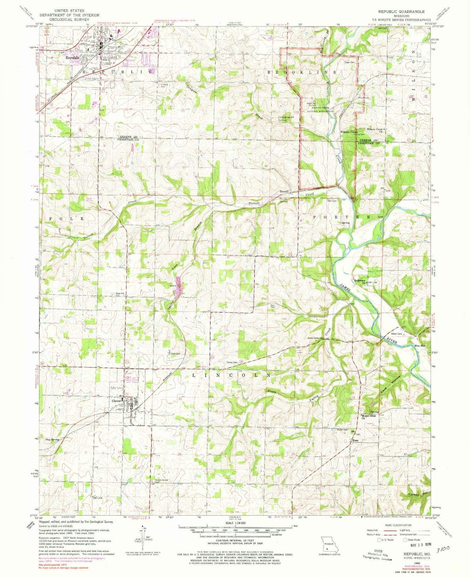 Classic USGS Republic Missouri 7.5'x7.5' Topo Map Image