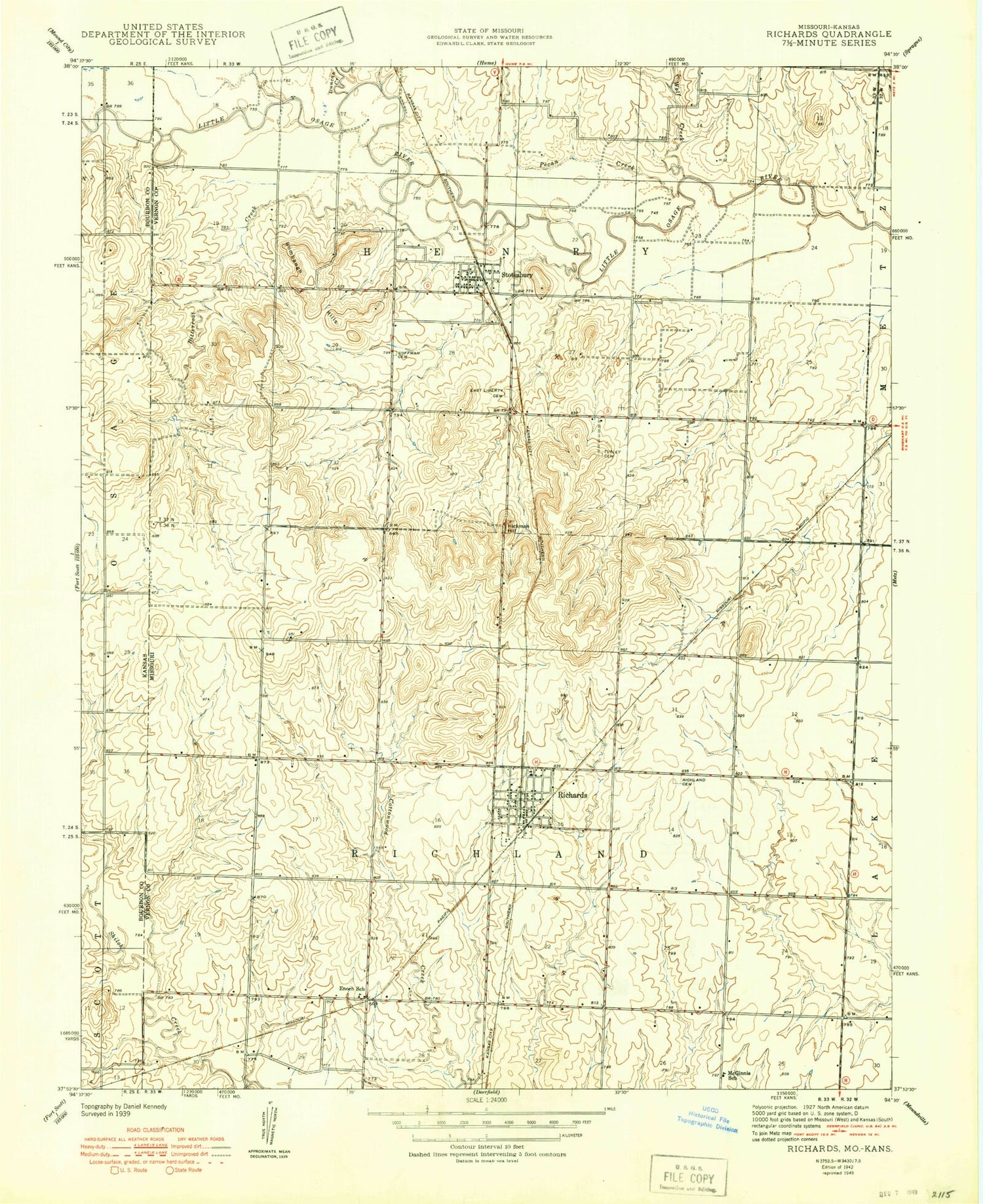 Classic USGS Richards Missouri 7.5'x7.5' Topo Map Image