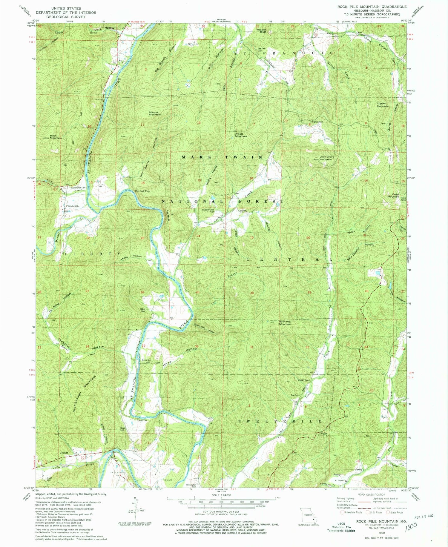 Classic USGS Rock Pile Mountain Missouri 7.5'x7.5' Topo Map Image