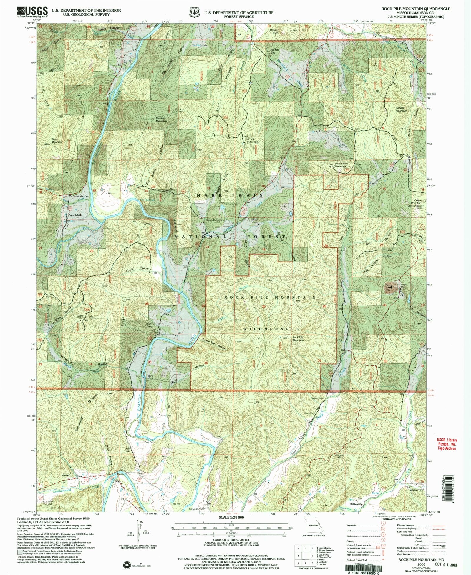 Classic USGS Rock Pile Mountain Missouri 7.5'x7.5' Topo Map
