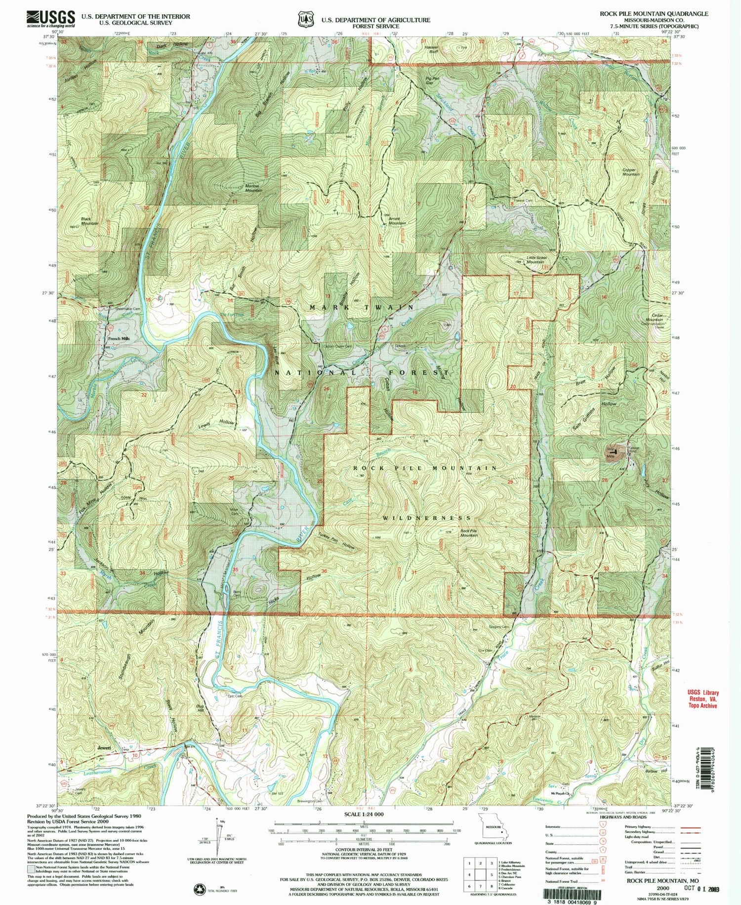 Classic USGS Rock Pile Mountain Missouri 7.5'x7.5' Topo Map Image