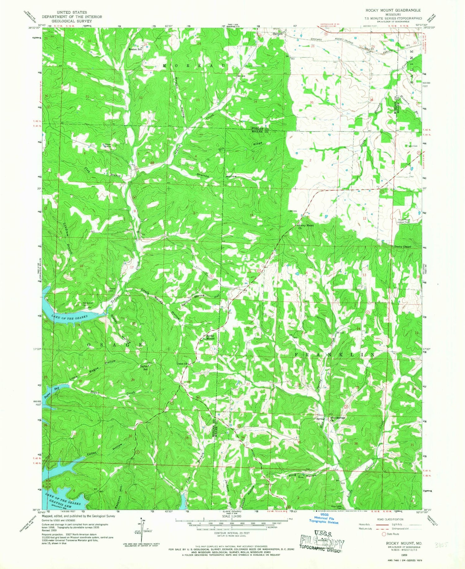Classic USGS Rocky Mount Missouri 7.5'x7.5' Topo Map Image