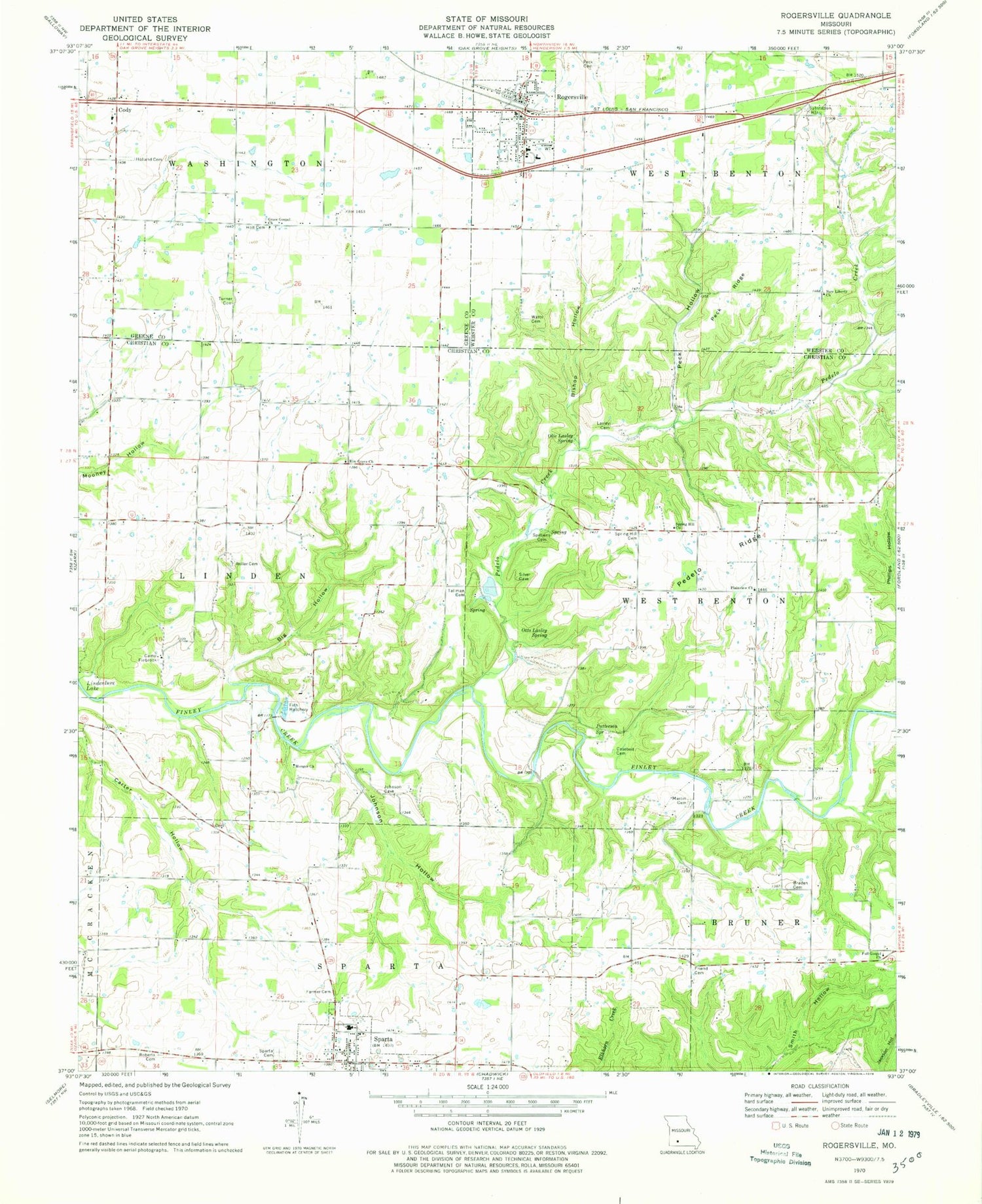 Classic USGS Rogersville Missouri 7.5'x7.5' Topo Map Image