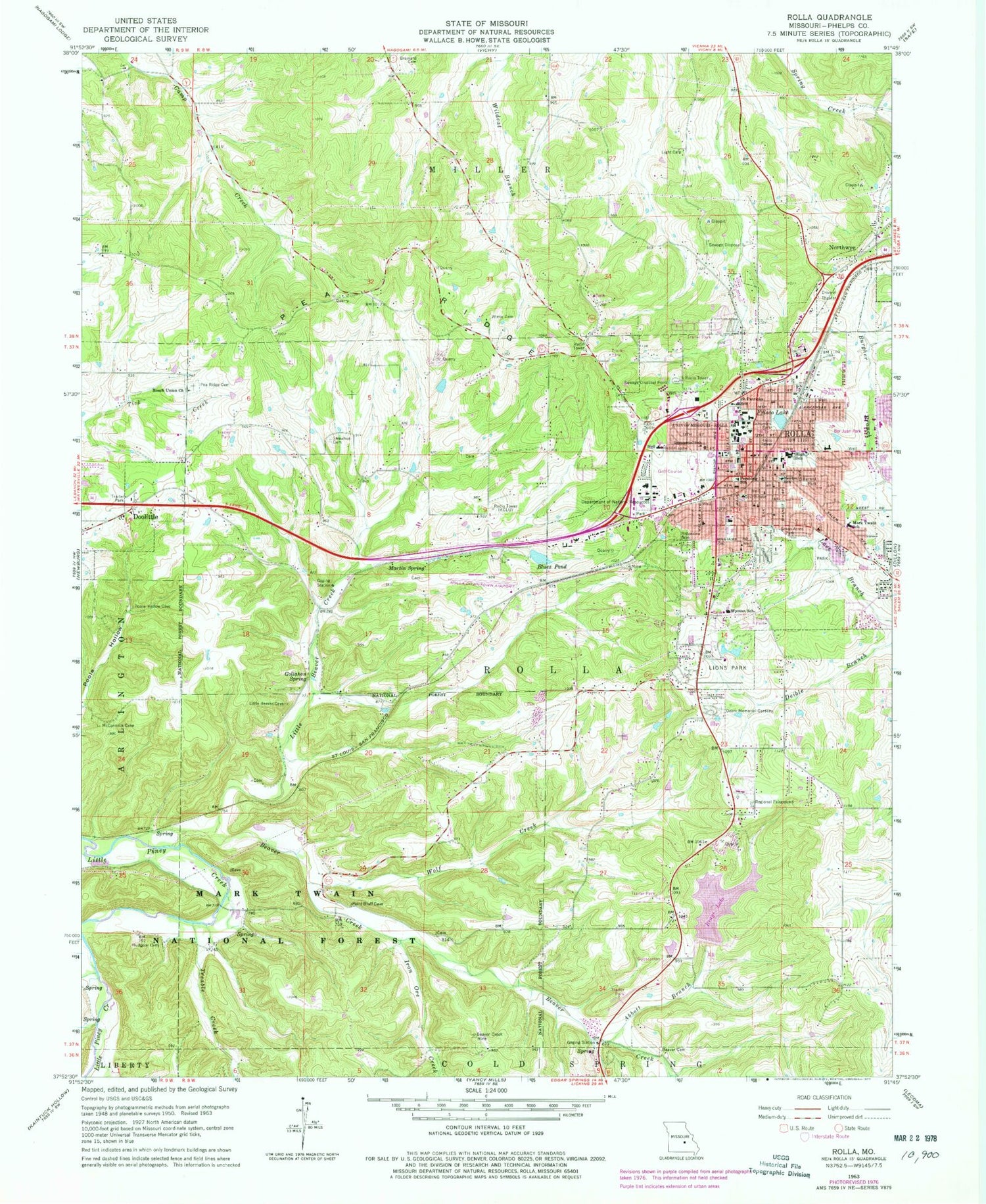 Classic USGS Rolla Missouri 7.5'x7.5' Topo Map Image