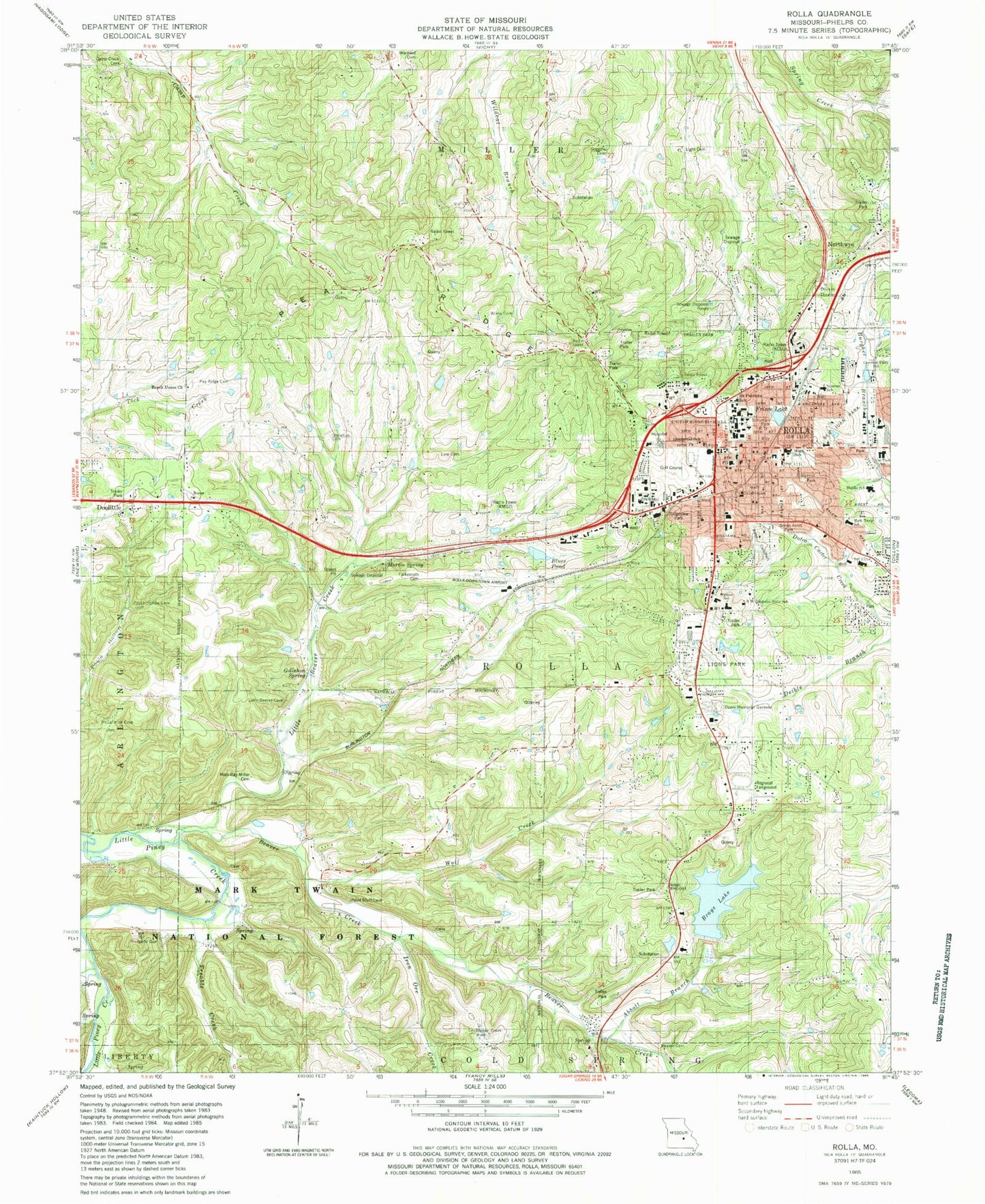 Classic USGS Rolla Missouri 7.5'x7.5' Topo Map Image