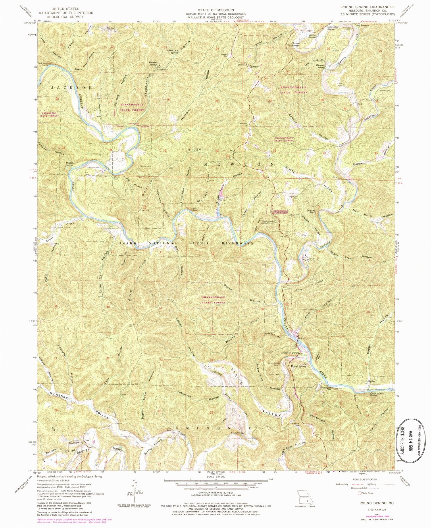 Classic USGS Round Spring Missouri 7.5'x7.5' Topo Map Image