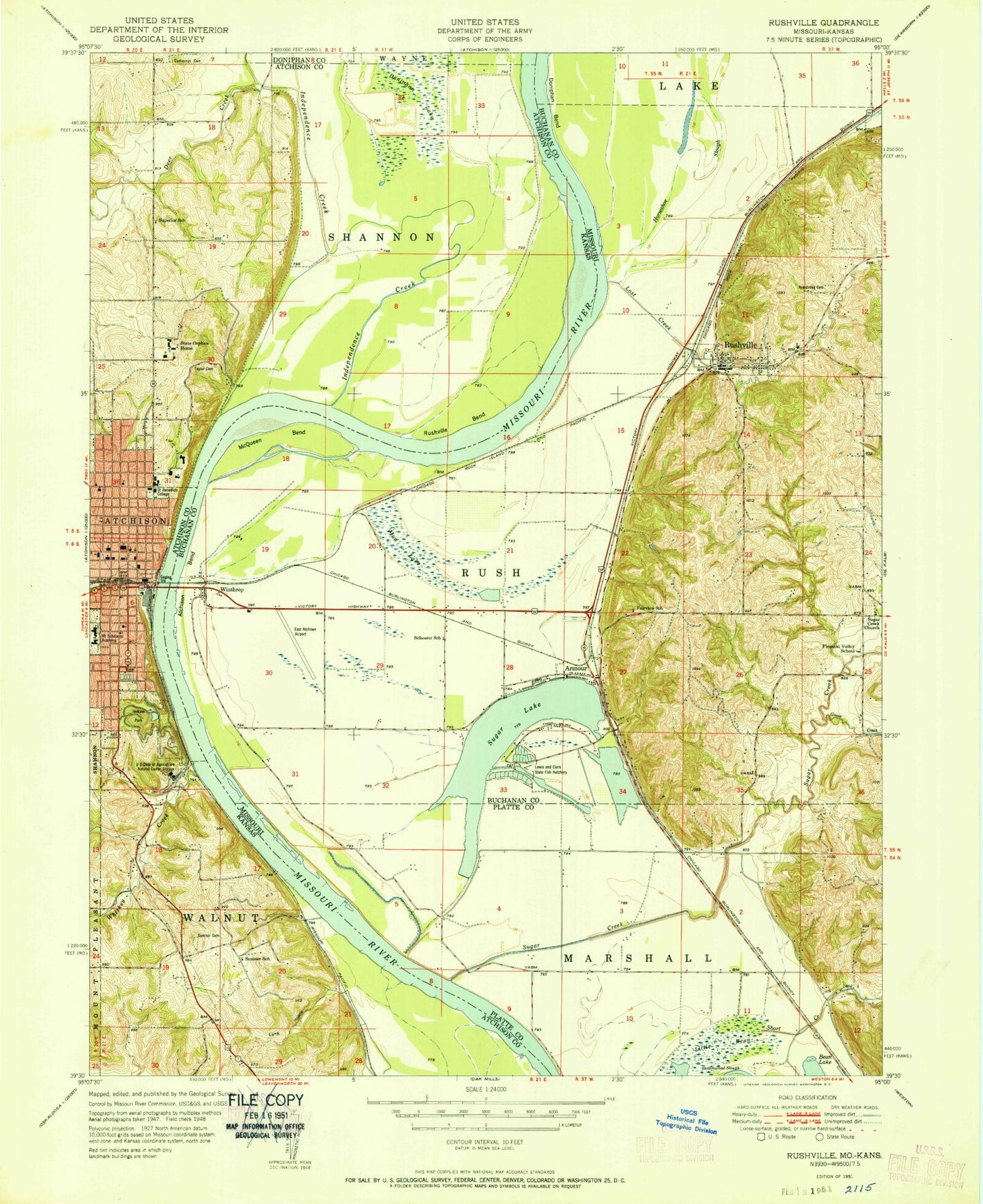 Classic USGS Atchison East Kansas 7.5'x7.5' Topo Map Image