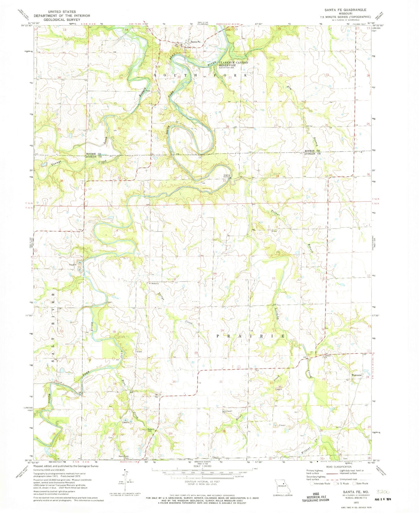 Classic USGS Santa Fe Missouri 7.5'x7.5' Topo Map Image