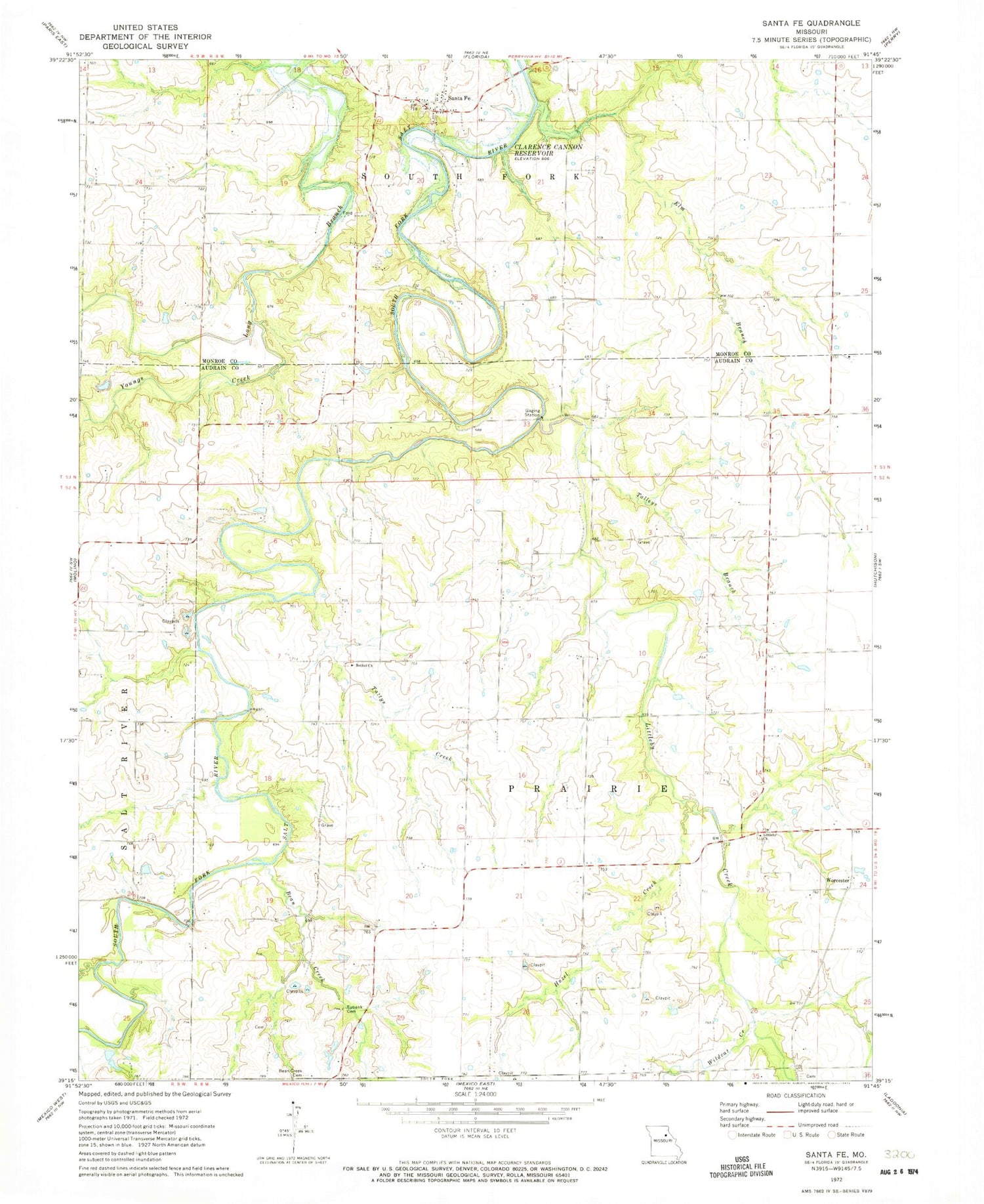 Classic USGS Santa Fe Missouri 7.5'x7.5' Topo Map Image