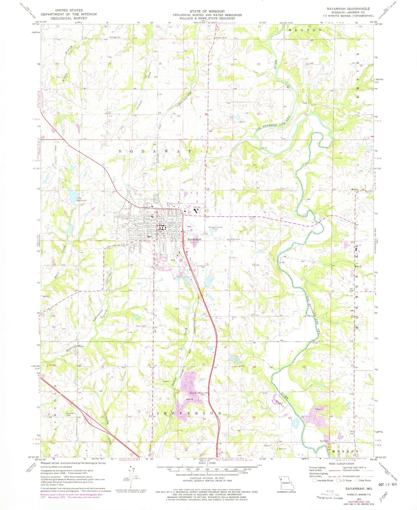 Classic USGS Savannah Missouri 7.5'x7.5' Topo Map Image
