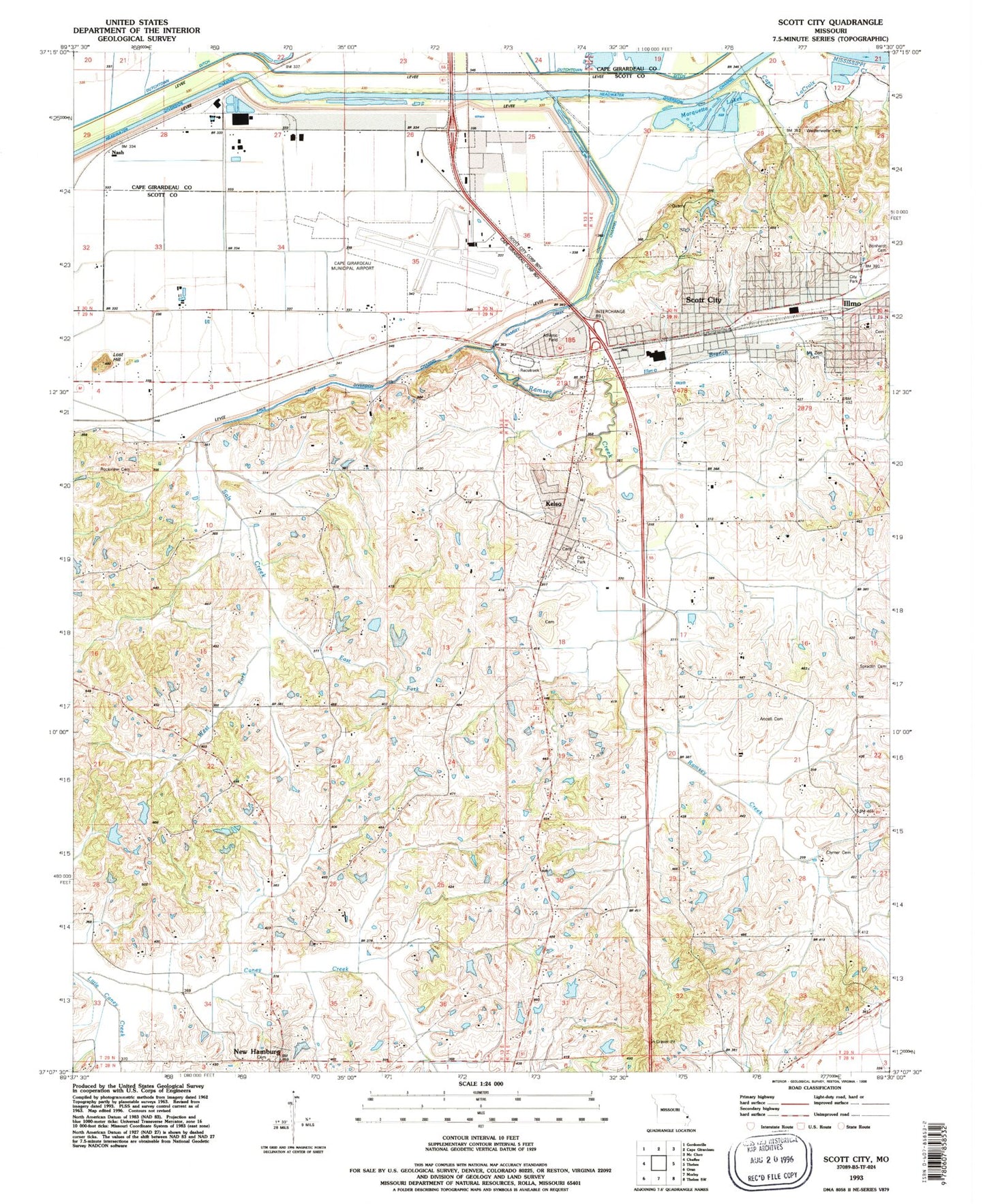 Classic USGS Scott City Missouri 7.5'x7.5' Topo Map Image
