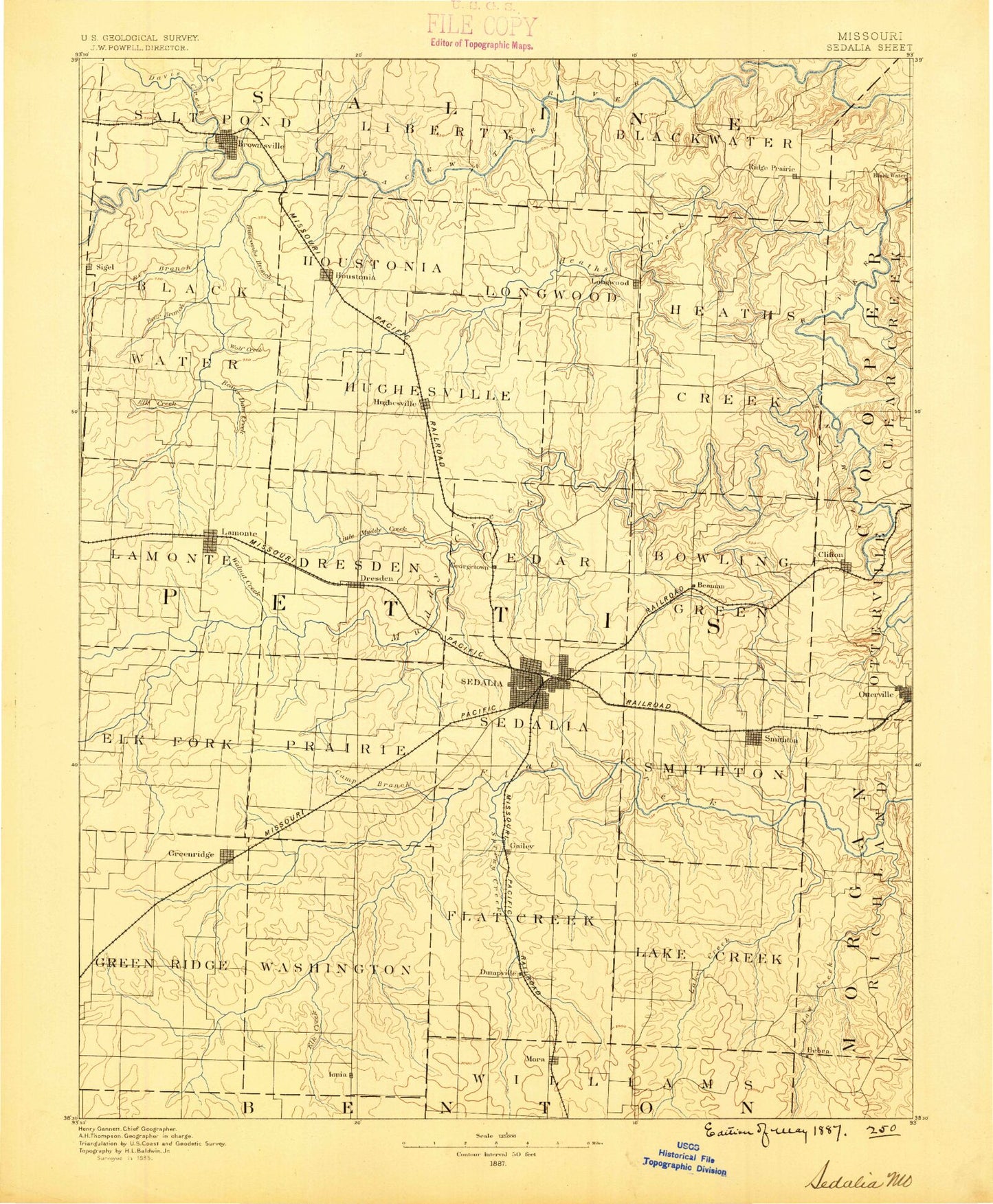 Historic 1887 Sedalia Missouri 30'x30' Topo Map Image