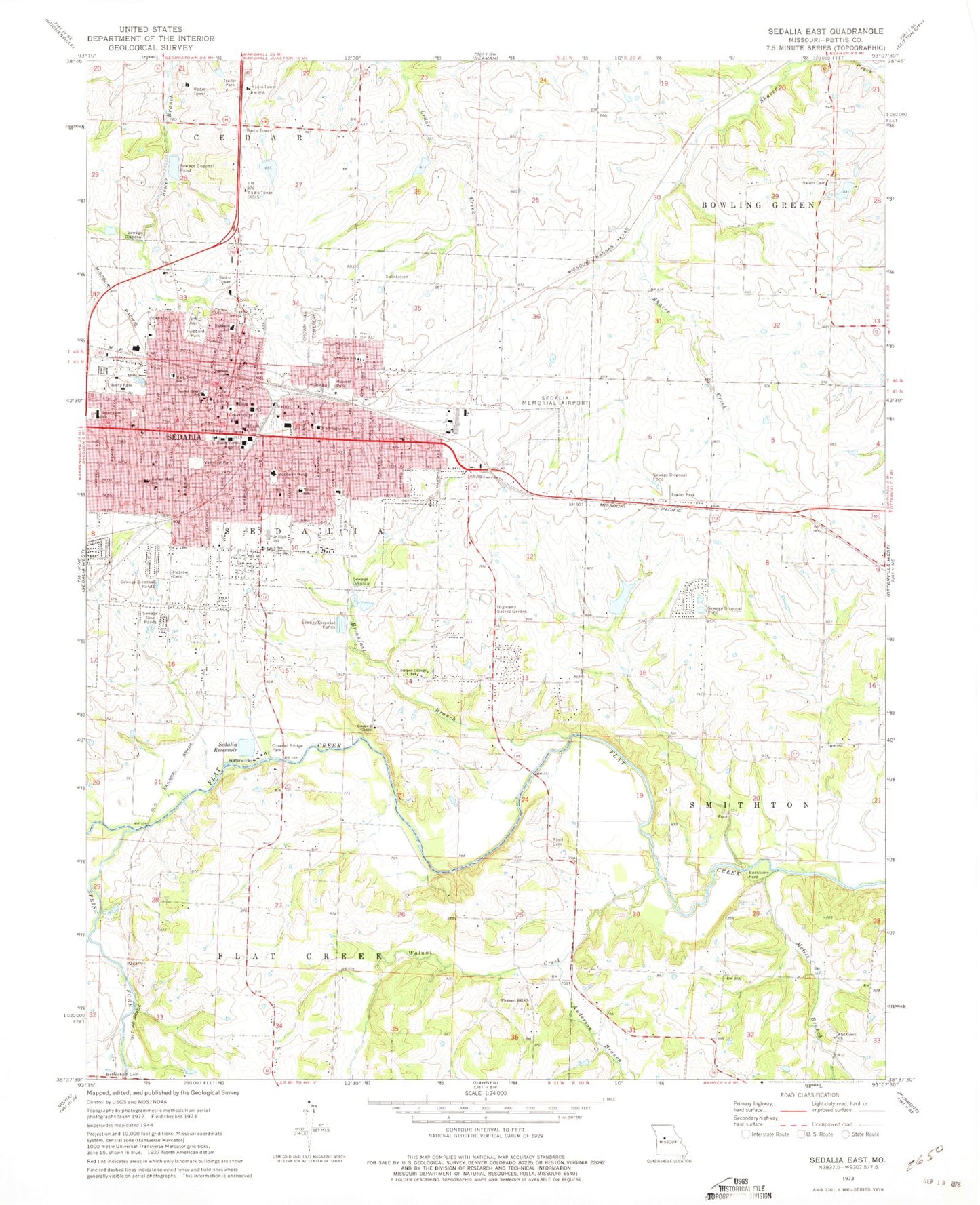 Classic USGS Sedalia East Missouri 7.5'x7.5' Topo Map Image