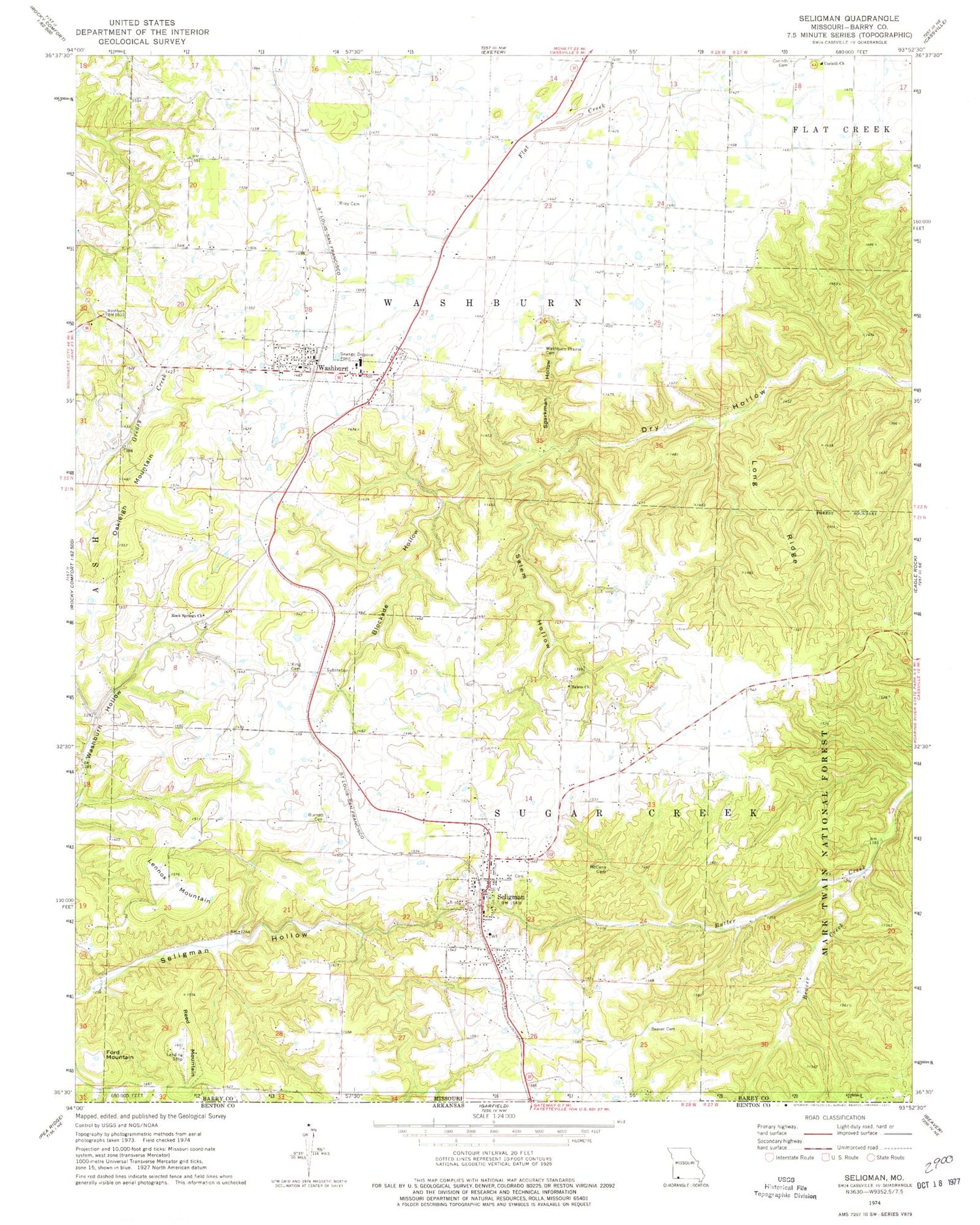 Classic USGS Seligman Missouri 7.5'x7.5' Topo Map Image