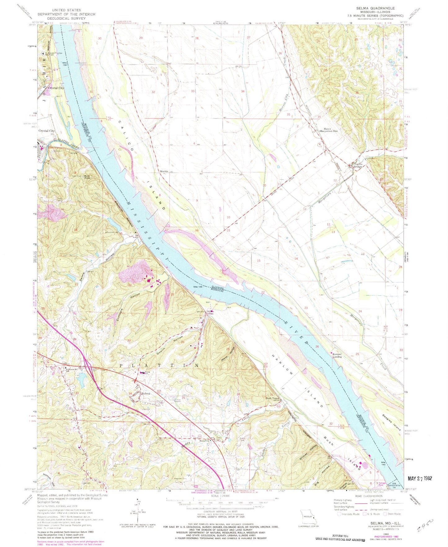 Classic USGS Selma Missouri 7.5'x7.5' Topo Map Image