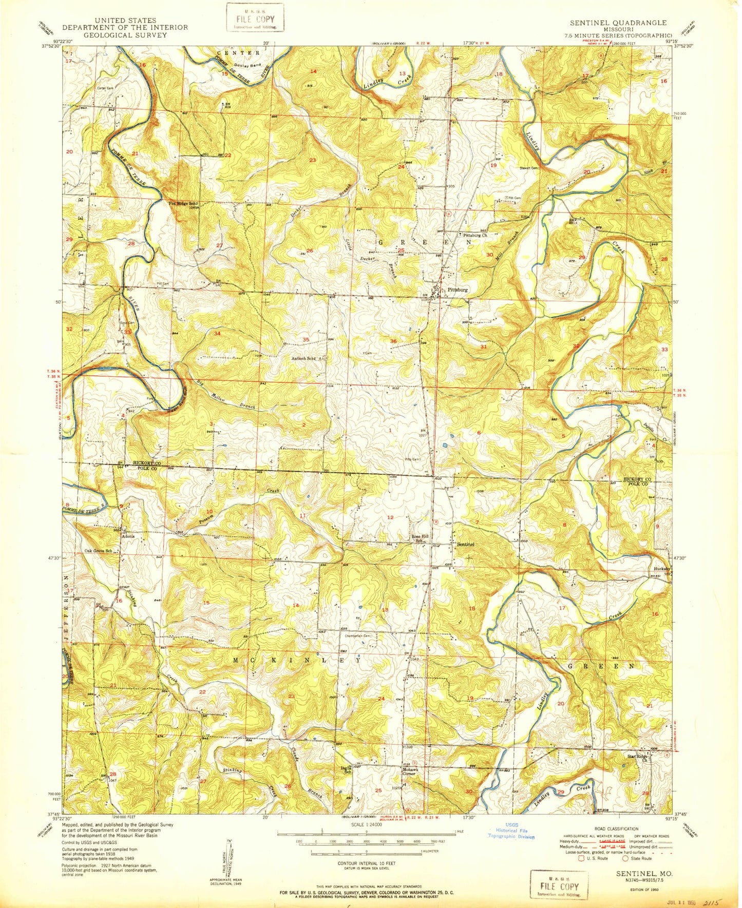Classic USGS Sentinel Missouri 7.5'x7.5' Topo Map Image