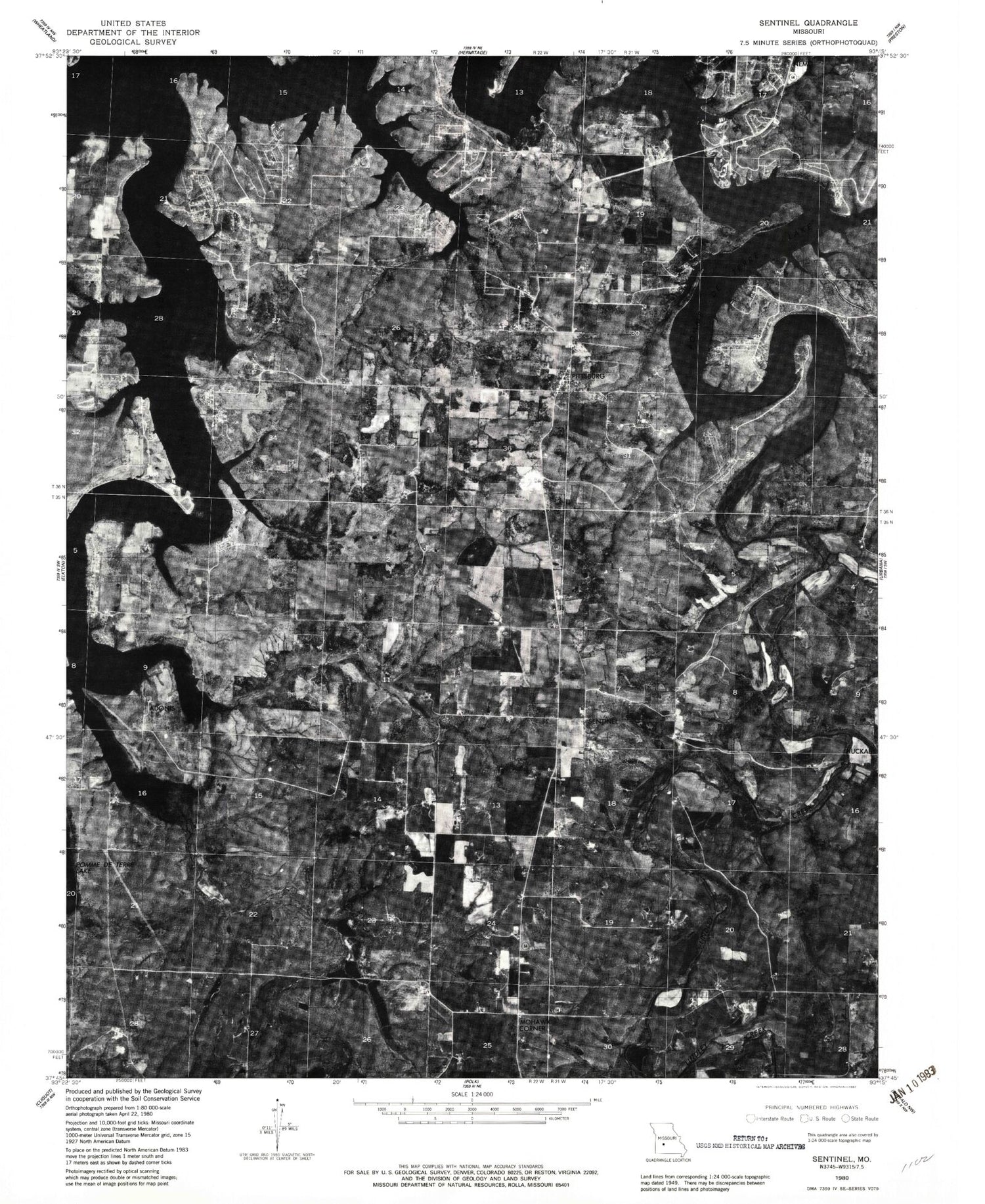 Classic USGS Sentinel Missouri 7.5'x7.5' Topo Map Image