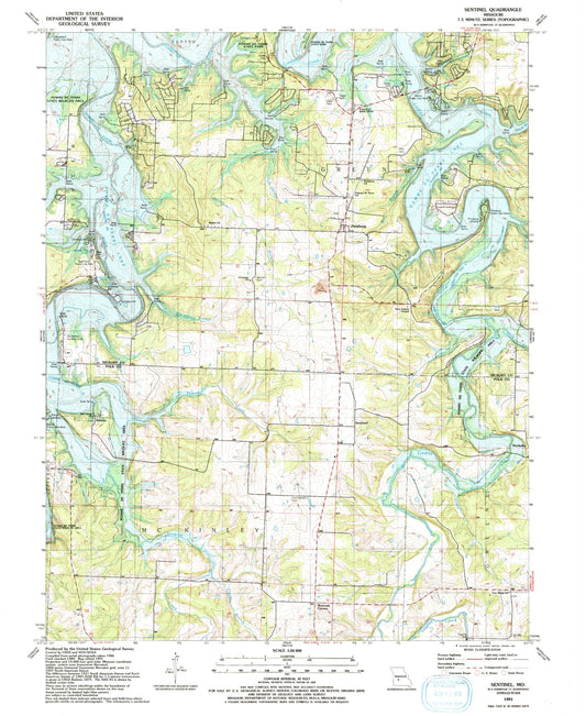 Classic USGS Sentinel Missouri 7.5'x7.5' Topo Map Image