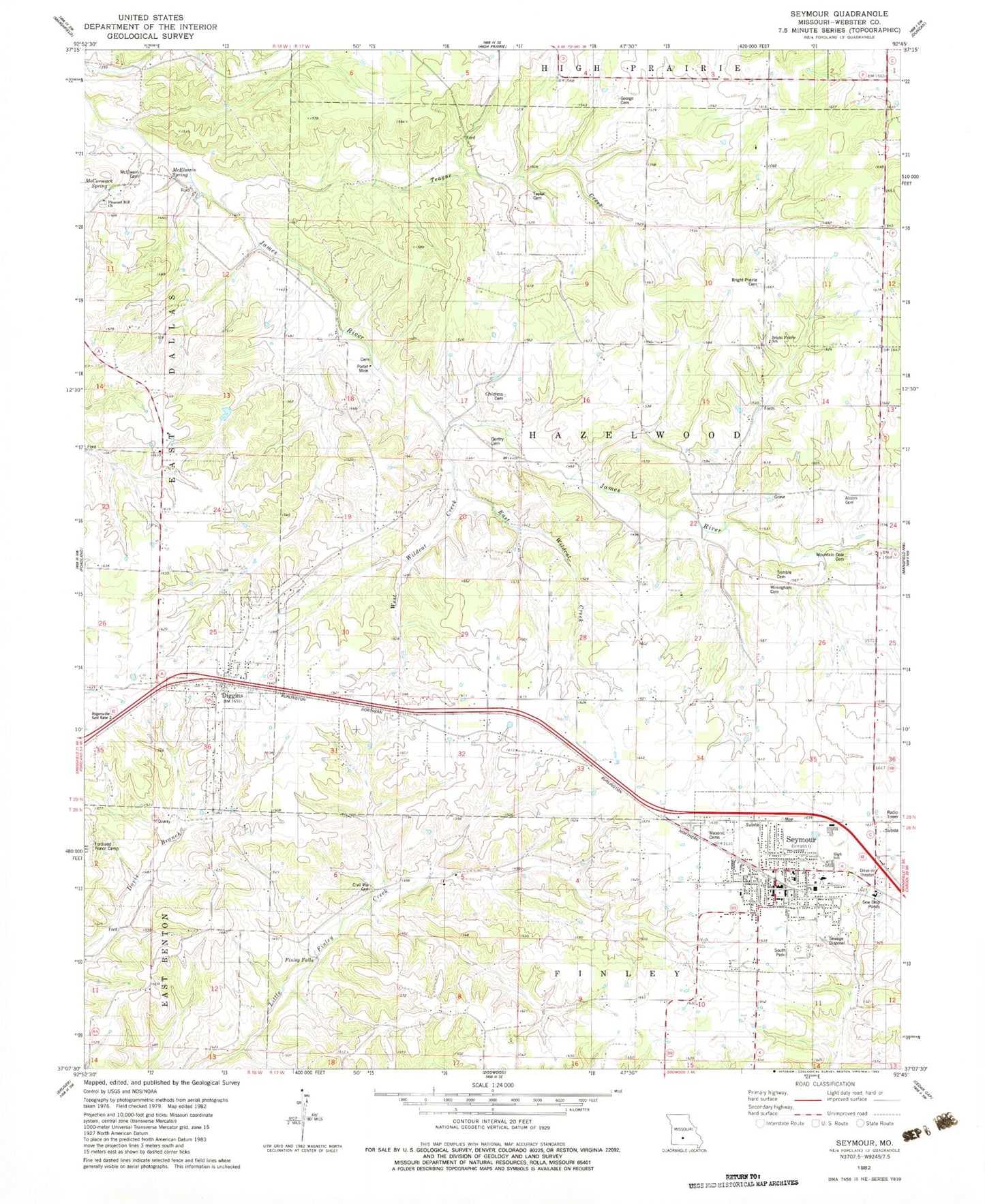 Classic USGS Seymour Missouri 7.5'x7.5' Topo Map Image