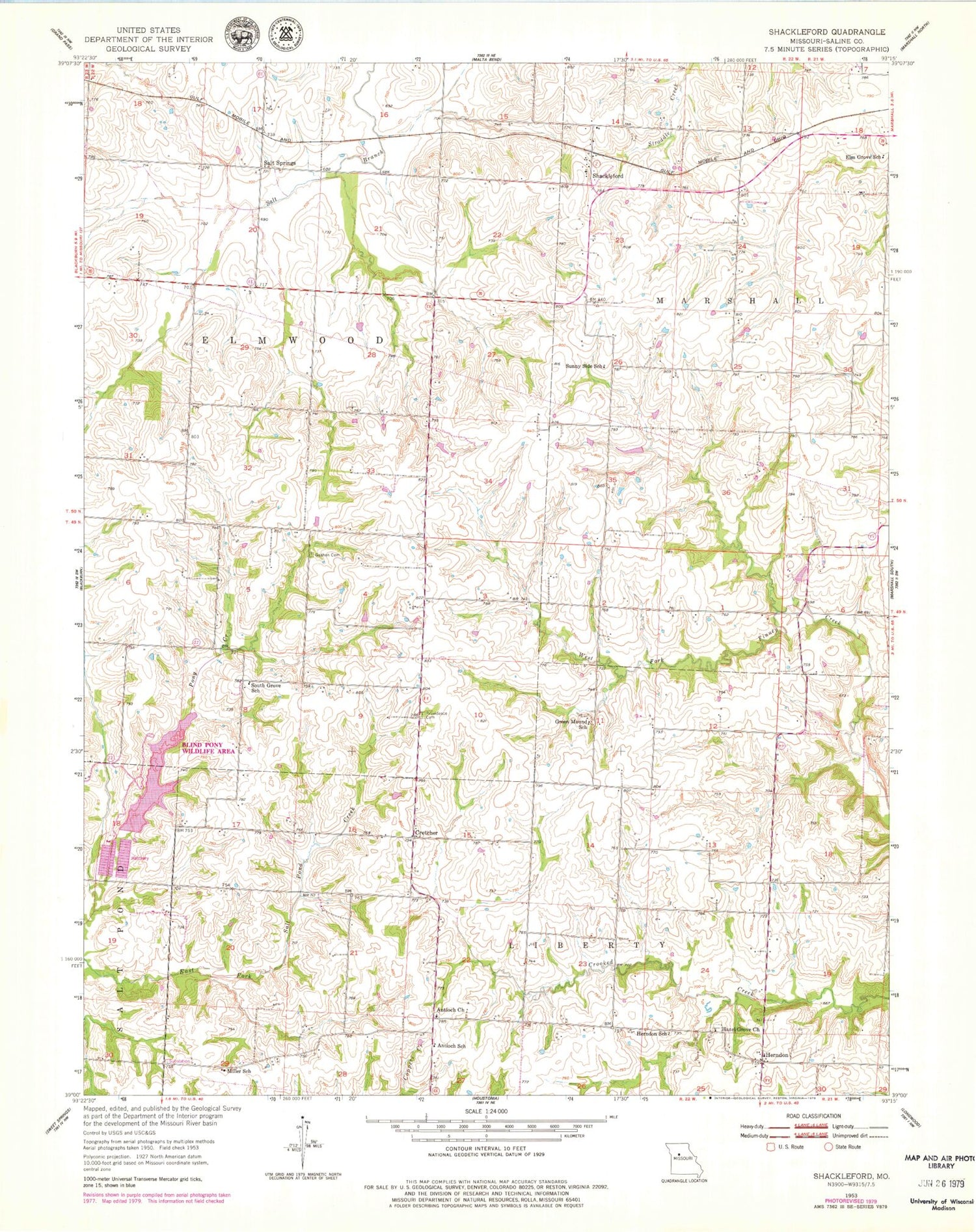 Classic USGS Shackleford Missouri 7.5'x7.5' Topo Map Image