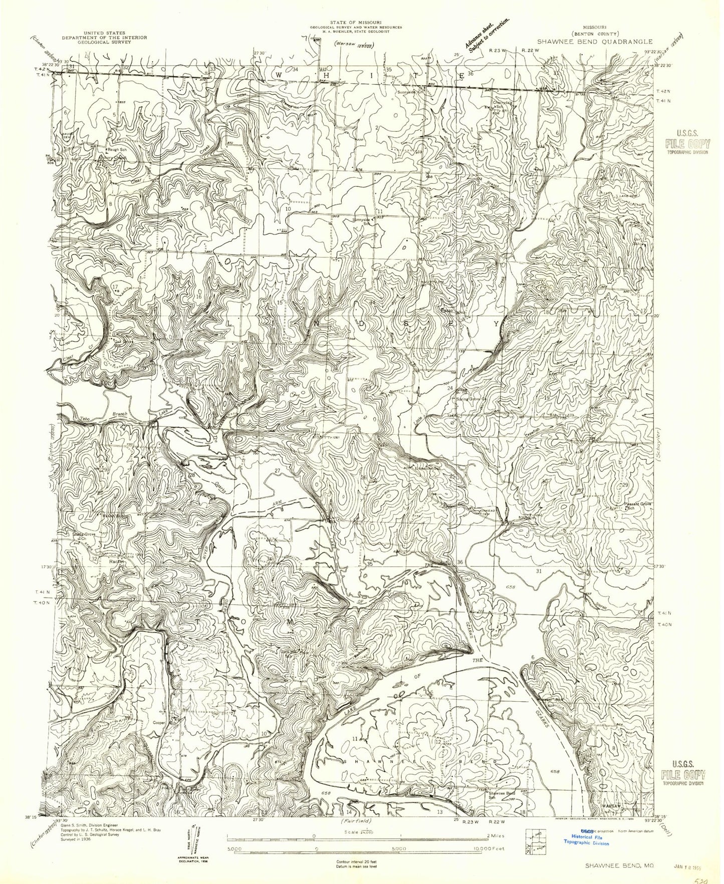 Classic USGS Shawnee Bend Missouri 7.5'x7.5' Topo Map Image