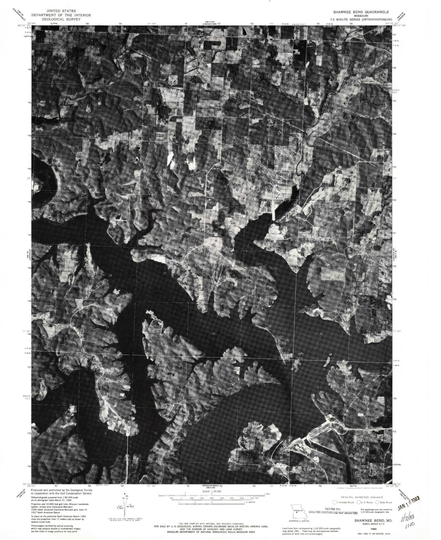 Classic USGS Shawnee Bend Missouri 7.5'x7.5' Topo Map Image
