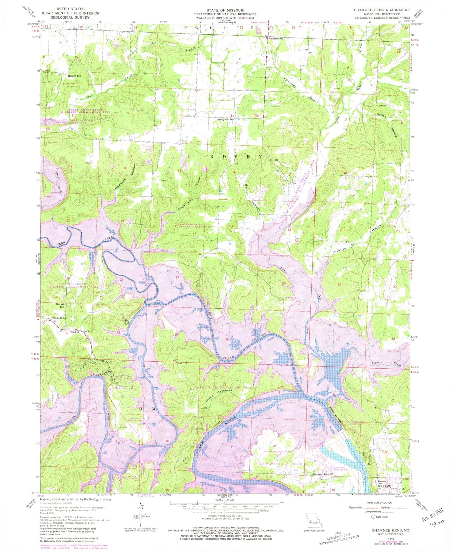 Classic USGS Shawnee Bend Missouri 7.5'x7.5' Topo Map Image