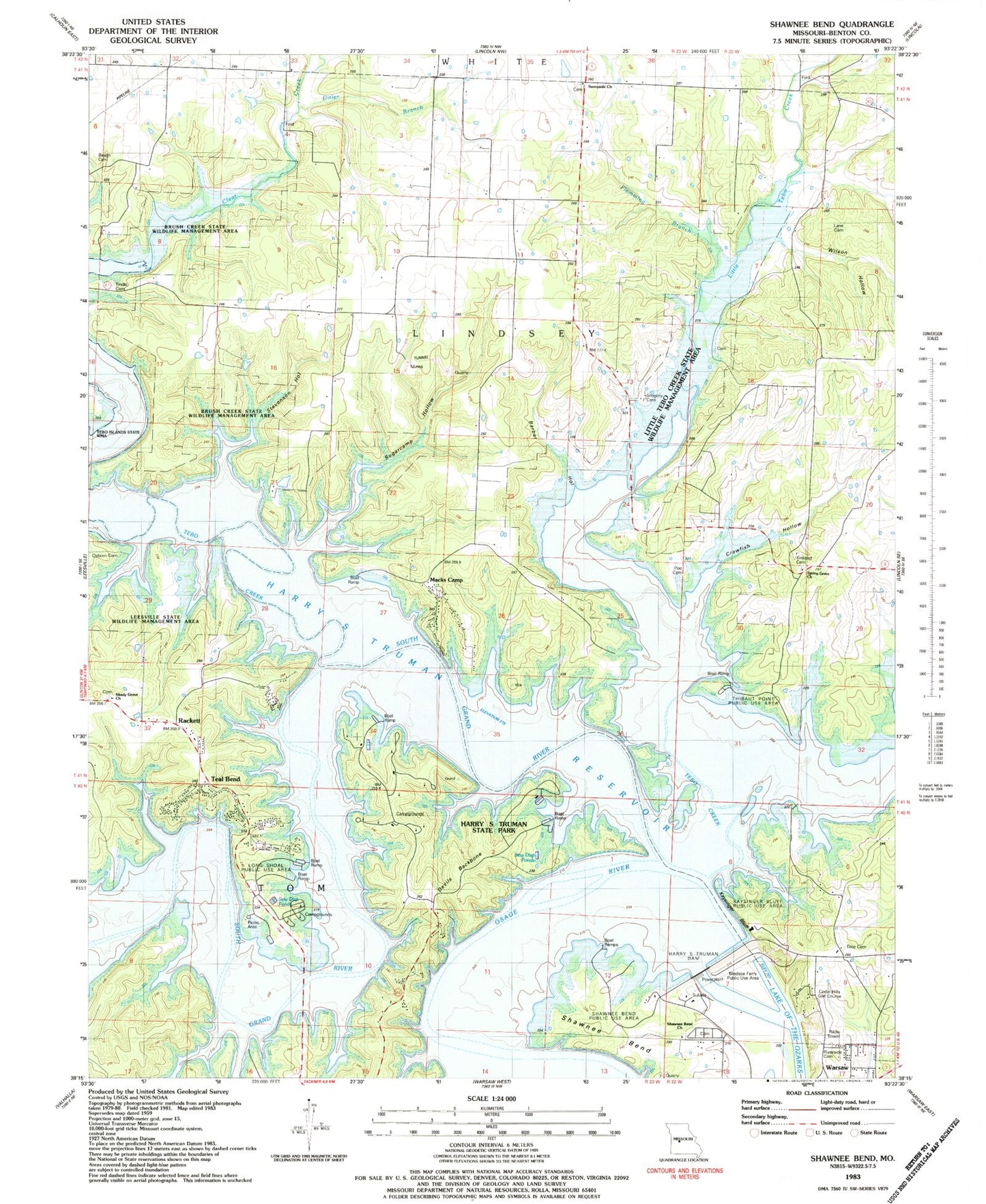 Classic USGS Shawnee Bend Missouri 7.5'x7.5' Topo Map Image