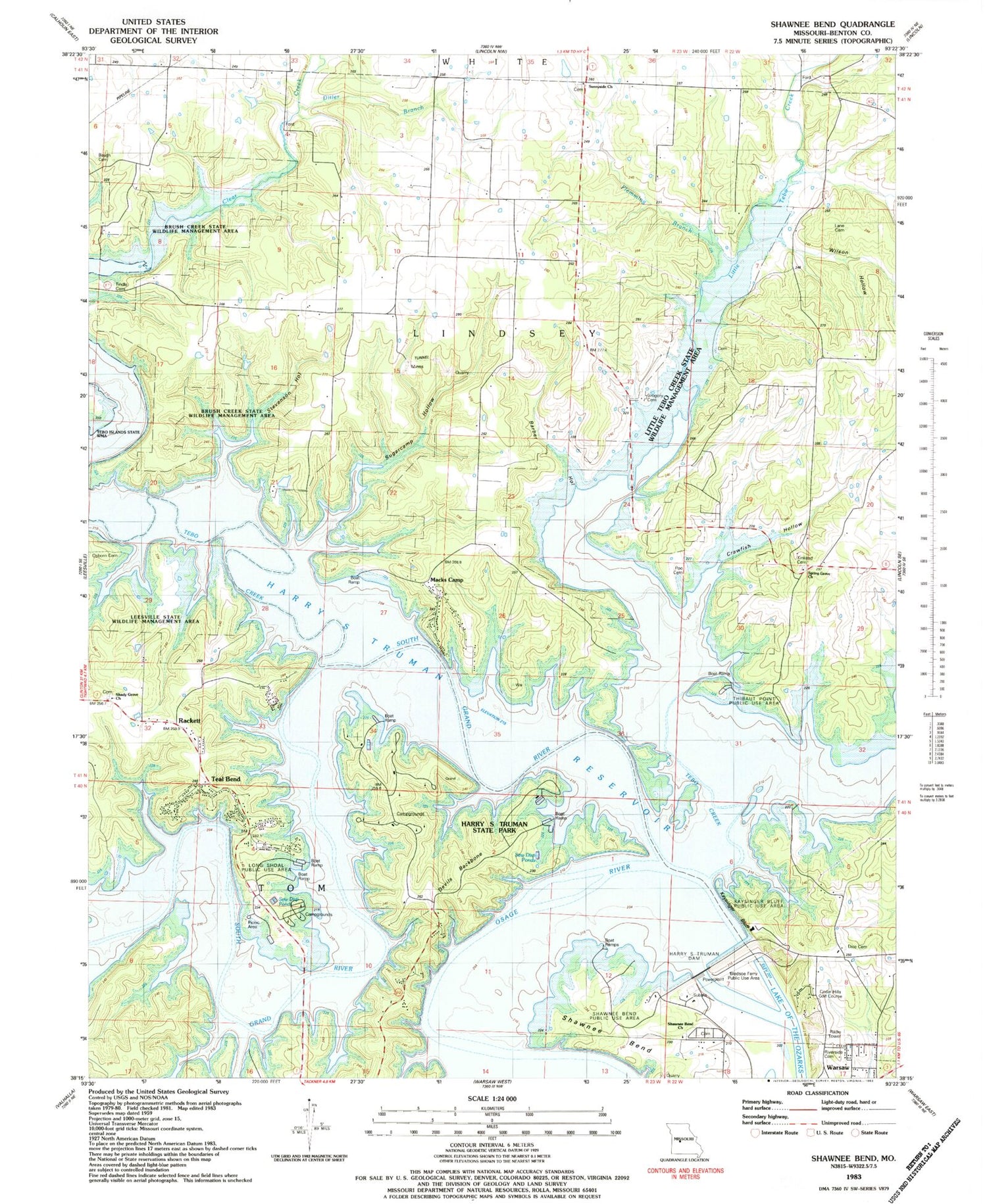 Classic USGS Shawnee Bend Missouri 7.5'x7.5' Topo Map Image