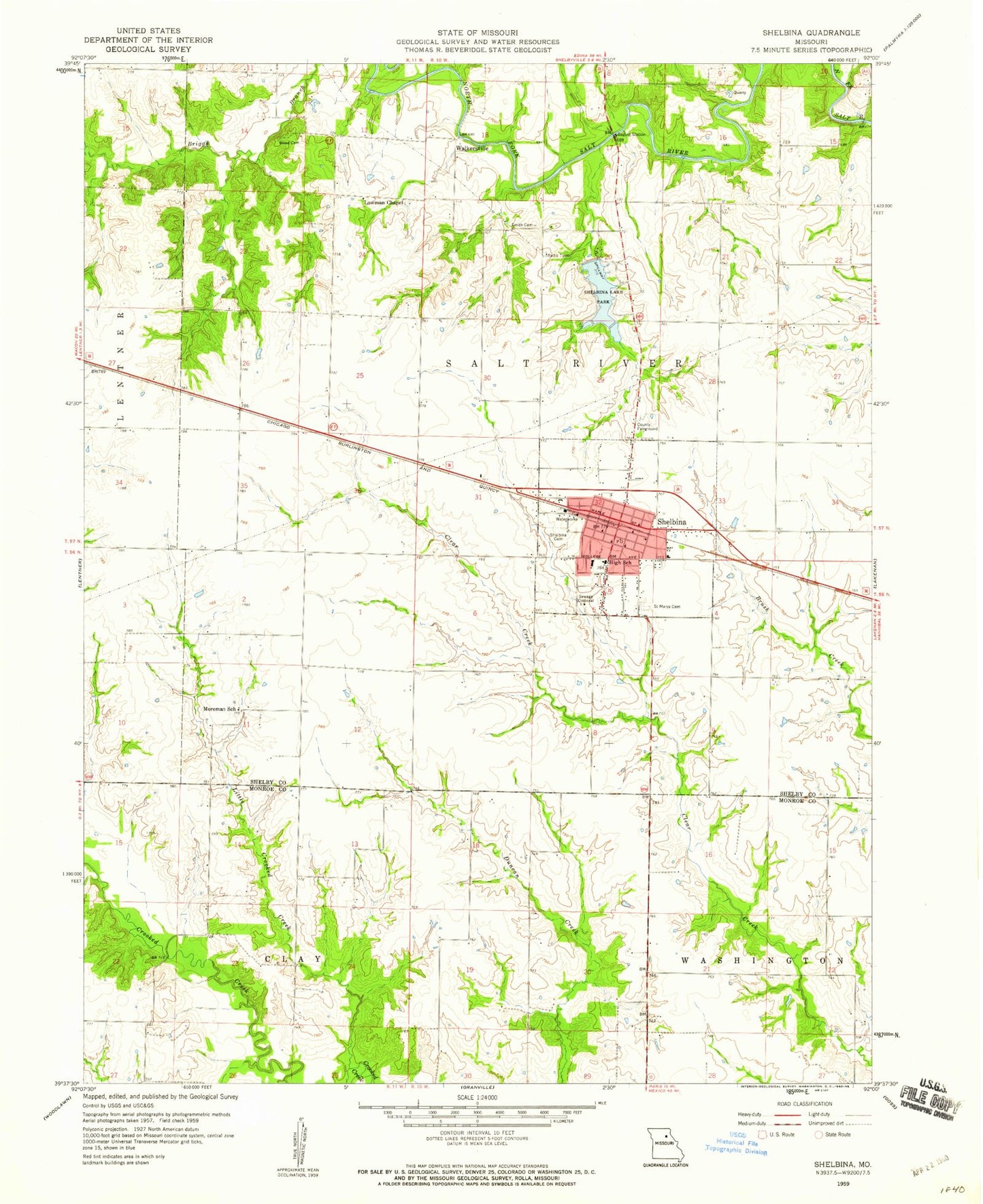 Classic USGS Shelbina Missouri 7.5'x7.5' Topo Map Image