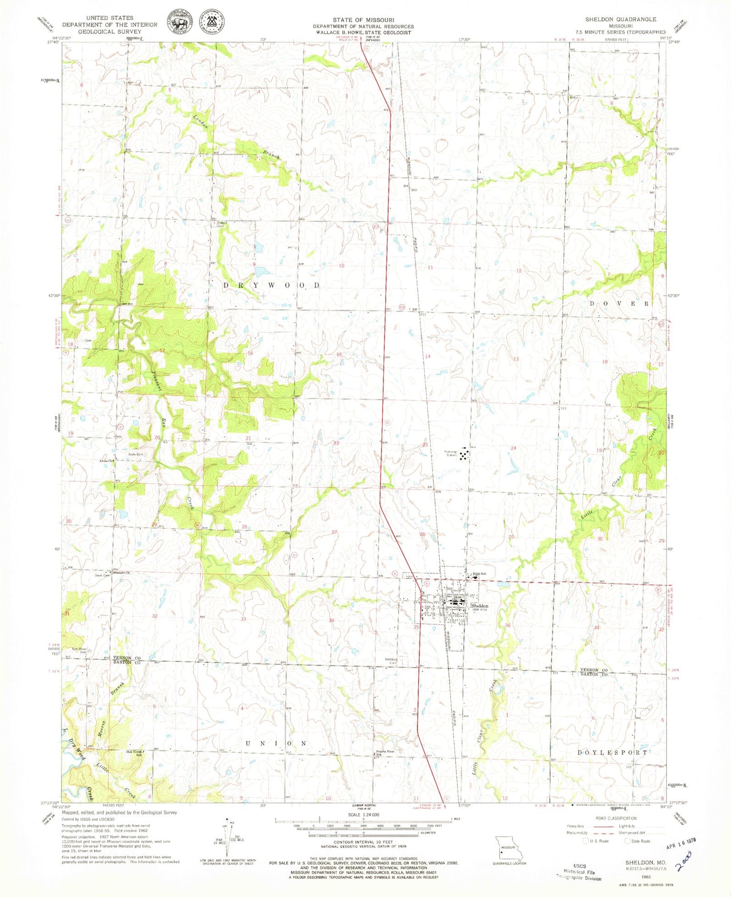 Classic USGS Sheldon Missouri 7.5'x7.5' Topo Map Image